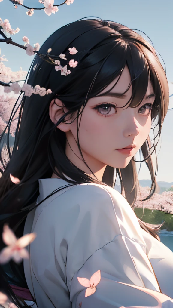 (A logo、masterpiece、8K、masutepiece、Raw photo、Fantastic、Best Quality、Photorealistic、extremely detailed CG unified 8k wallpaper、hightquality、ighly detailed、epic poem、Particle effect、Dynamic effects、depth of fields、Cinematic Light、Lens Flare、Ray tracing)、Fantasia、 (Beauty 1 person、White Japanese Clothing、Japanese dress、White cherry blossom pattern、White cherry blossom embroidery pattern、A dark-haired、Beautiful face、Real Face、Beautiful detail eyes、Beautiful skin)、Hair flutters in the wind、Hair jumps、Pink cherry blossom tree、Petals flutter、Sakura blizzard、Superb view、morning glow、Sun in the background、the wind、Deities、tusk、myth、Vast Land、