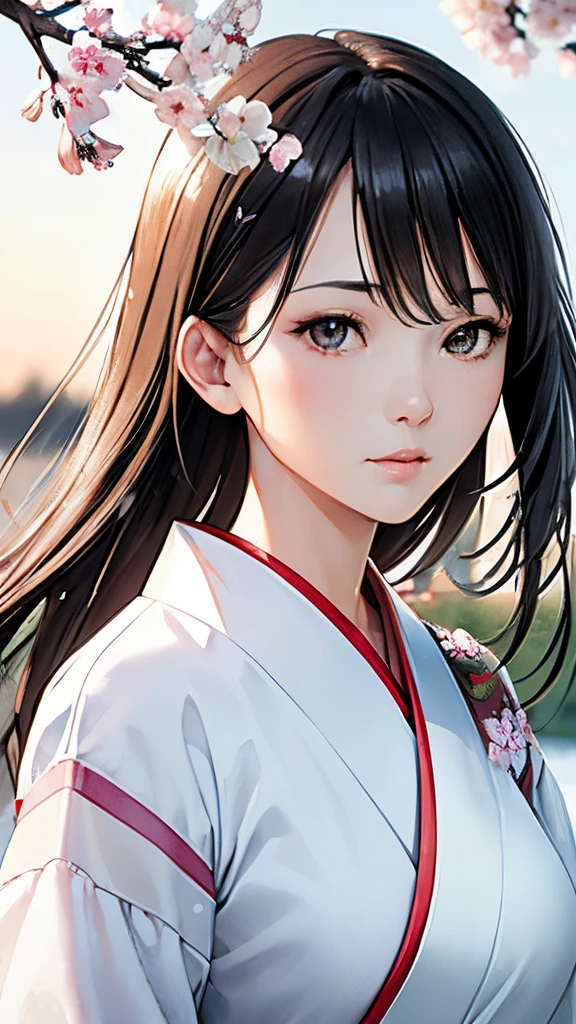(A logo、masterpiece、8K、masutepiece、Raw photo、Fantastic、Best Quality、Photorealistic、extremely detailed CG unified 8k wallpaper、hightquality、ighly detailed、epic poem、Particle effect、Dynamic effects、depth of fields、Cinematic Light、Lens Flare、Ray tracing)、Fantasia、 (Beauty 1 person、White Japanese Clothing、Japanese dress、White cherry blossom pattern、White cherry blossom embroidery pattern、A dark-haired、Beautiful face、Real Face、Beautiful detail eyes、Beautiful skin)、Hair flutters in the wind、Hair jumps、Pink cherry blossom tree、Petals flutter、Sakura blizzard、Superb view、morning glow、Sun in the background、the wind、Deities、tusk、myth、Vast Land、