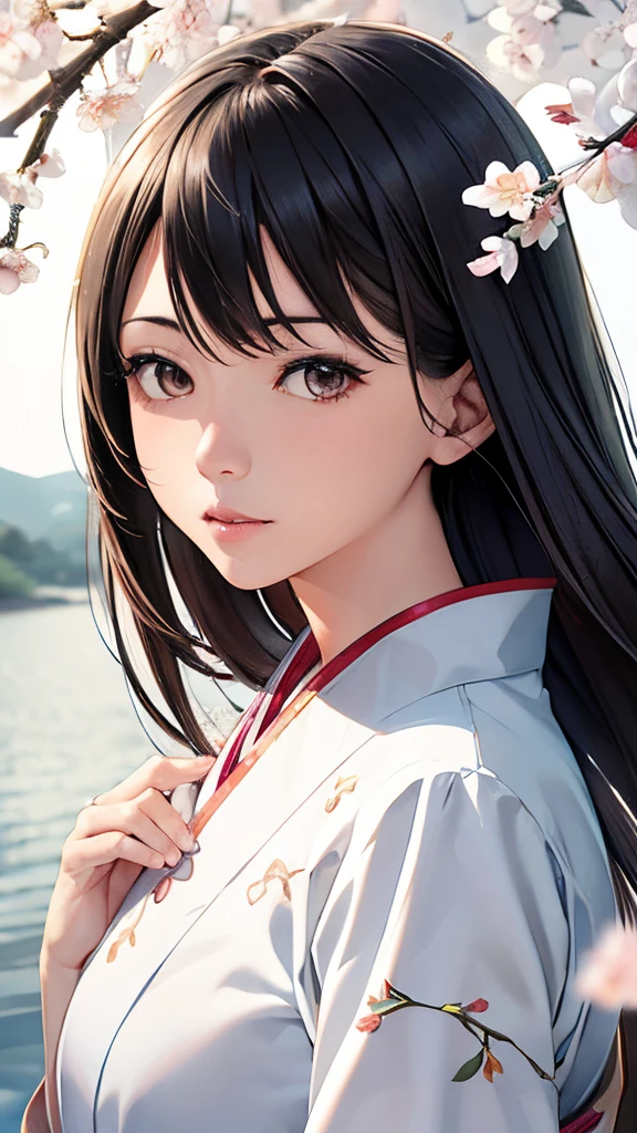 Anime girl with long black hair and white shirt posing in front of ...
