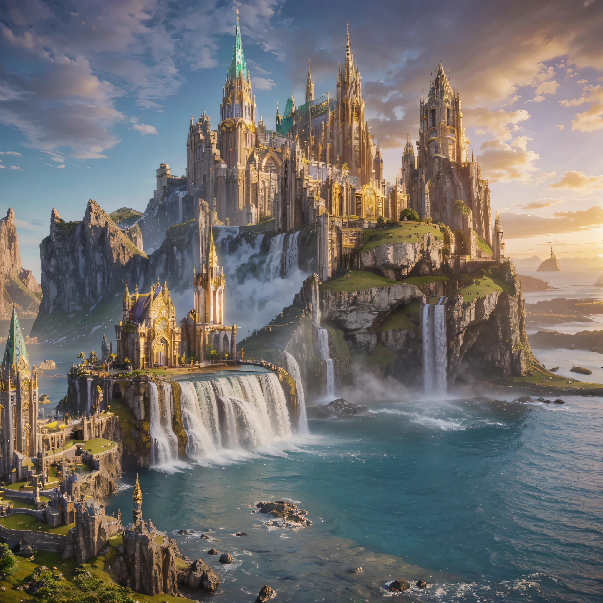 realistic modern golden castle, asgard, purple, crystal, waterfalls
