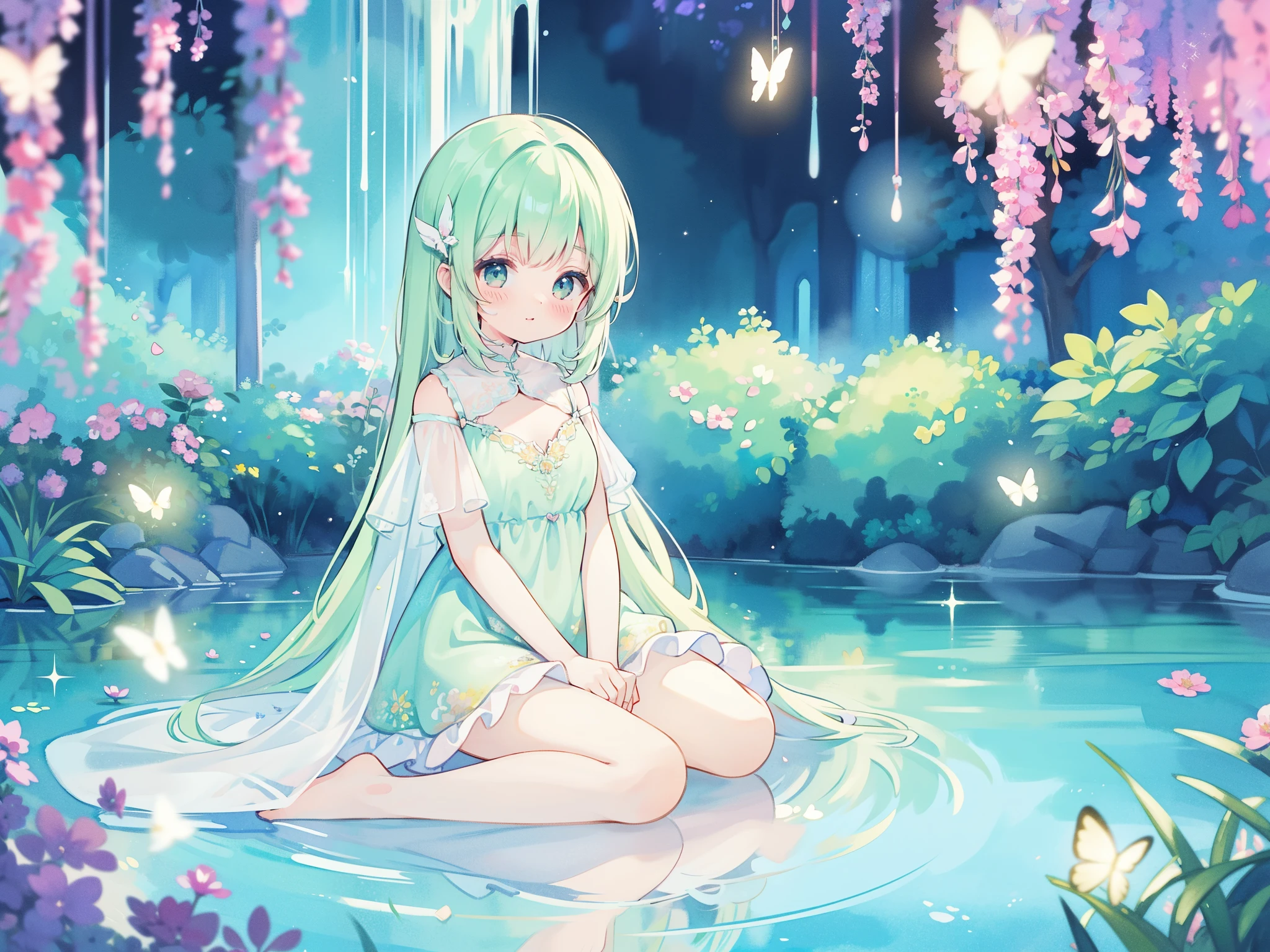 watercolor illustration, vibrant pastel colors, dreamy, colorful, whimsical, magical, masterpiece, best quality, sharp focus, intricately detailed environment, fine detail, 8k resolution, beautiful sparkling gradient layered sheer dress