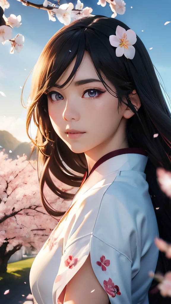 (A logo、​masterpiece、8K、masutepiece、Raw photo、Fantastic、Best Quality、Photorealistic、extremely detailed CG unified 8k wallpaper、hightquality、ighly detailed、epic poem、Particle effect、Dynamic effects、depth of fields、Cinematic Light、Lens Flare、Ray tracing)、Fantasia、 (Beauty 1 person、White Japanese Clothing、Japanese dress、White cherry blossom pattern、White cherry blossom embroidery pattern、A dark-haired、Beautiful face、Real Face、Beautiful detail eyes、Beautiful skin)、Hair flutters in the wind、Hair jumps、Pink cherry blossom tree、Petals flutter、Sakura blizzard、Superb view、morning glow、Sun in the background、the wind、Deities、tusk、myth、Vast Land、