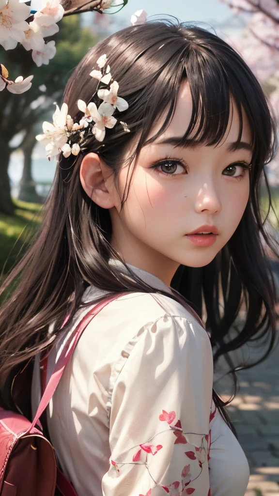 (A logo、masterpiece、8K、masutepiece、Raw photo、Fantastic、Best Quality、Photorealistic、extremely detailed CG unified 8k wallpaper、hightquality、ighly detailed、epic poem、Particle effect、Dynamic effects、depth of fields、Cinematic Light、Lens Flare、Ray tracing)、Fantasia、 (Beauty 1 person、White Japanese Clothing、Japanese dress、White cherry blossom pattern、White cherry blossom embroidery pattern、A dark-haired、Beautiful face、Real Face、Beautiful detail eyes、Beautiful skin)、Hair flutters in the wind、Hair jumps、Pink cherry blossom tree、Petals flutter、Sakura blizzard、Superb view、morning glow、Sun in the background、the wind、Deities、tusk、myth、Vast Land、