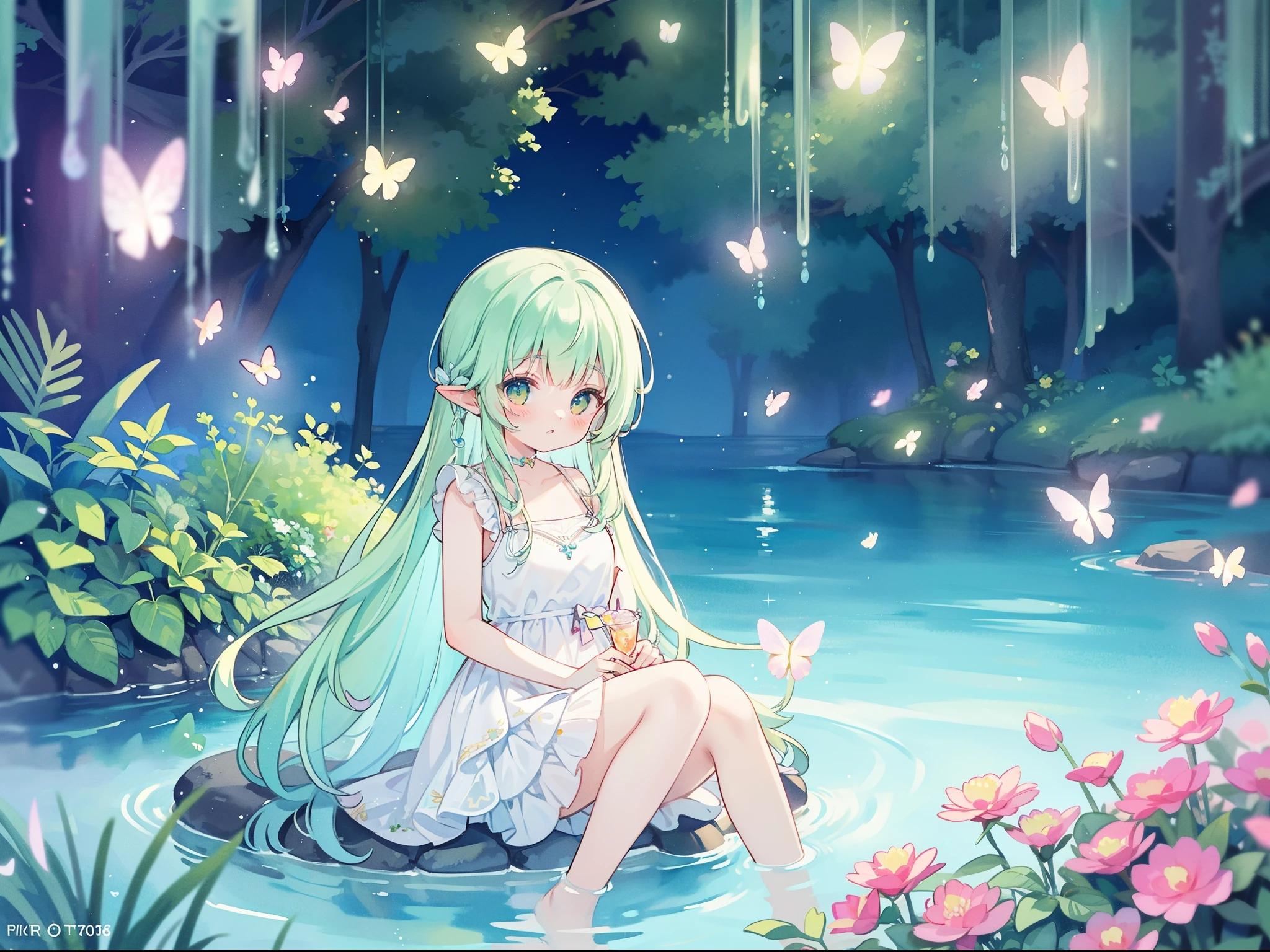 watercolor illustration, vibrant pastel colors, dreamy, colorful, whimsical, magical, masterpiece, best quality, sharp focus, intricately detailed environment, fine detail, 8k resolution, waterfall lagoon, (magical lagoon), (waterfall, lake), glowing lights, fireflies, glowing butterflies, fairy creatures, glowing fairies, beautiful girl in sparkling delicate white dress