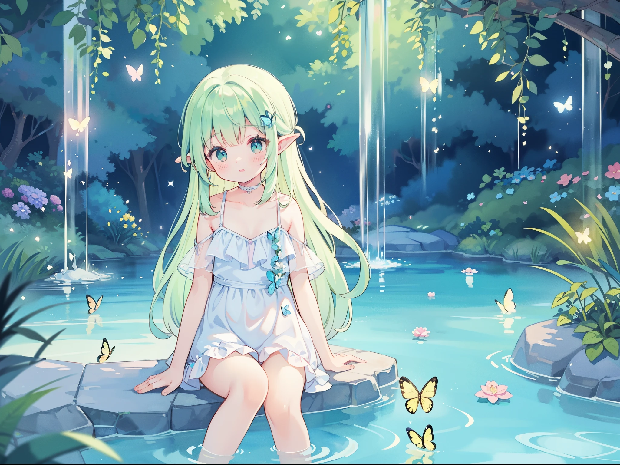 watercolor illustration, vibrant pastel colors, dreamy, colorful, whimsical, magical, masterpiece, best quality, sharp focus, intricately detailed environment, fine detail, 8k resolution, waterfall lagoon, (magical lagoon), (waterfall, lake), glowing lights, fireflies, glowing butterflies, fairy creatures, glowing fairies, beautiful girl in sparkling delicate white dress
