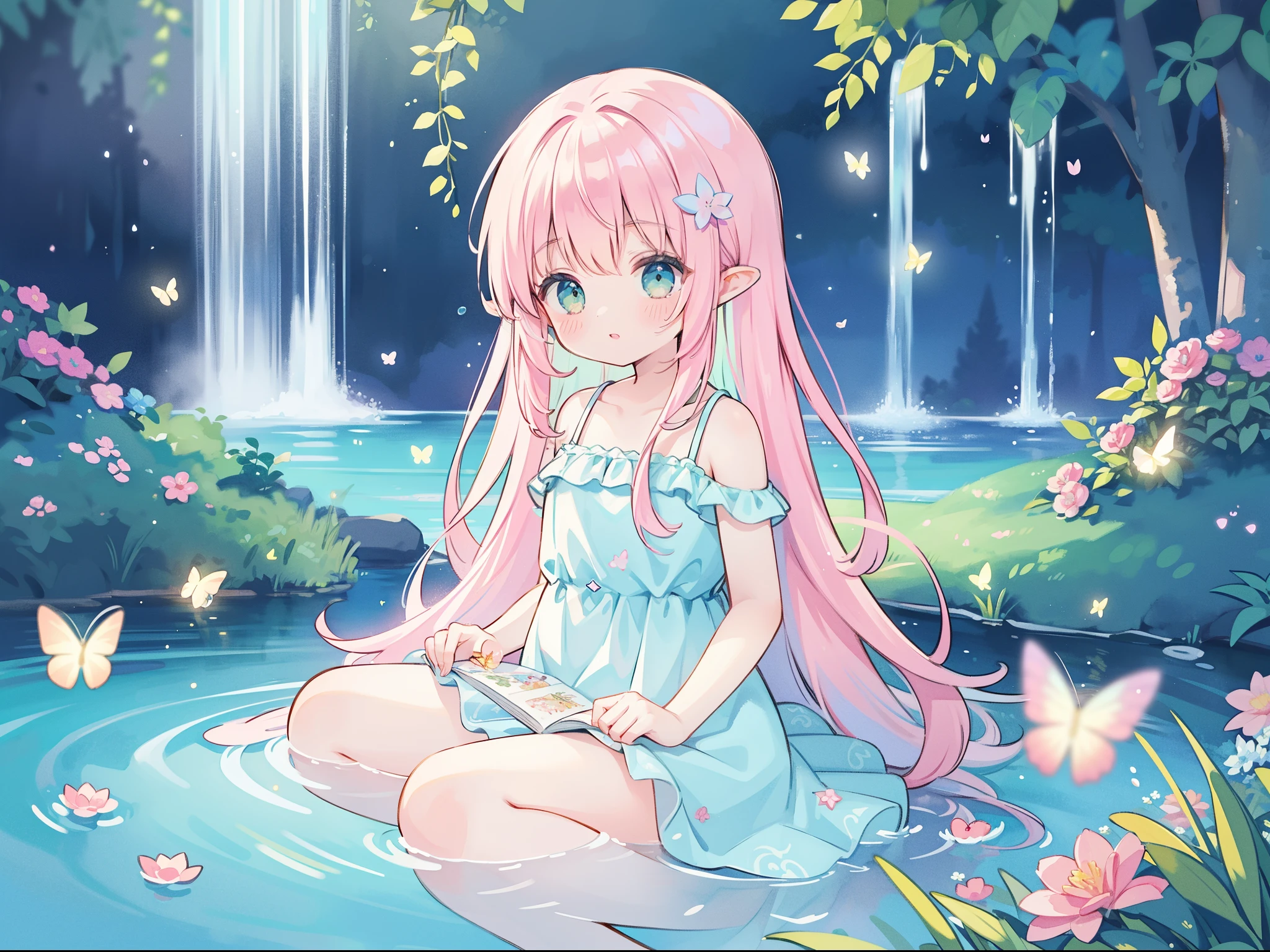 watercolor illustration, vibrant pastel colors, dreamy, colorful, whimsical, magical, masterpiece, best quality, sharp focus, intricately detailed environment, fine detail, 8k resolution, waterfall lagoon, (magical lagoon), (waterfall, lake), glowing lights, fireflies, glowing butterflies, fairy creatures, glowing fairies, beautiful girl in sparkling delicate white dress