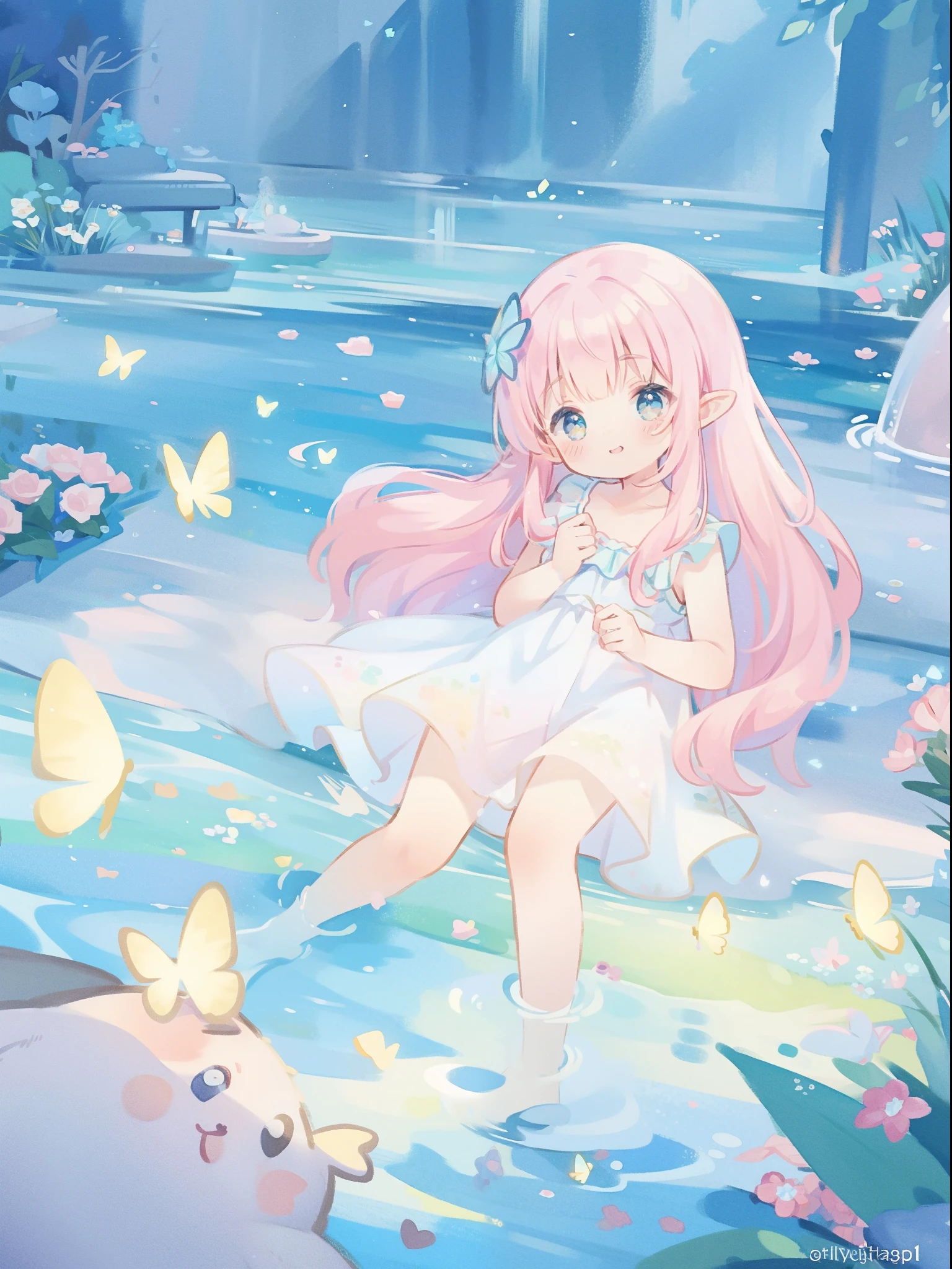 watercolor illustration, vibrant pastel colors, dreamy, colorful, whimsical, magical, masterpiece, best quality, sharp focus, intricately detailed environment, fine detail, 8k resolution, waterfall lagoon, (magical lagoon), (waterfall, lake), glowing butterflies, cute puffy fairy creatures, glowing fairies, beautiful girl in sparkling delicate white dress