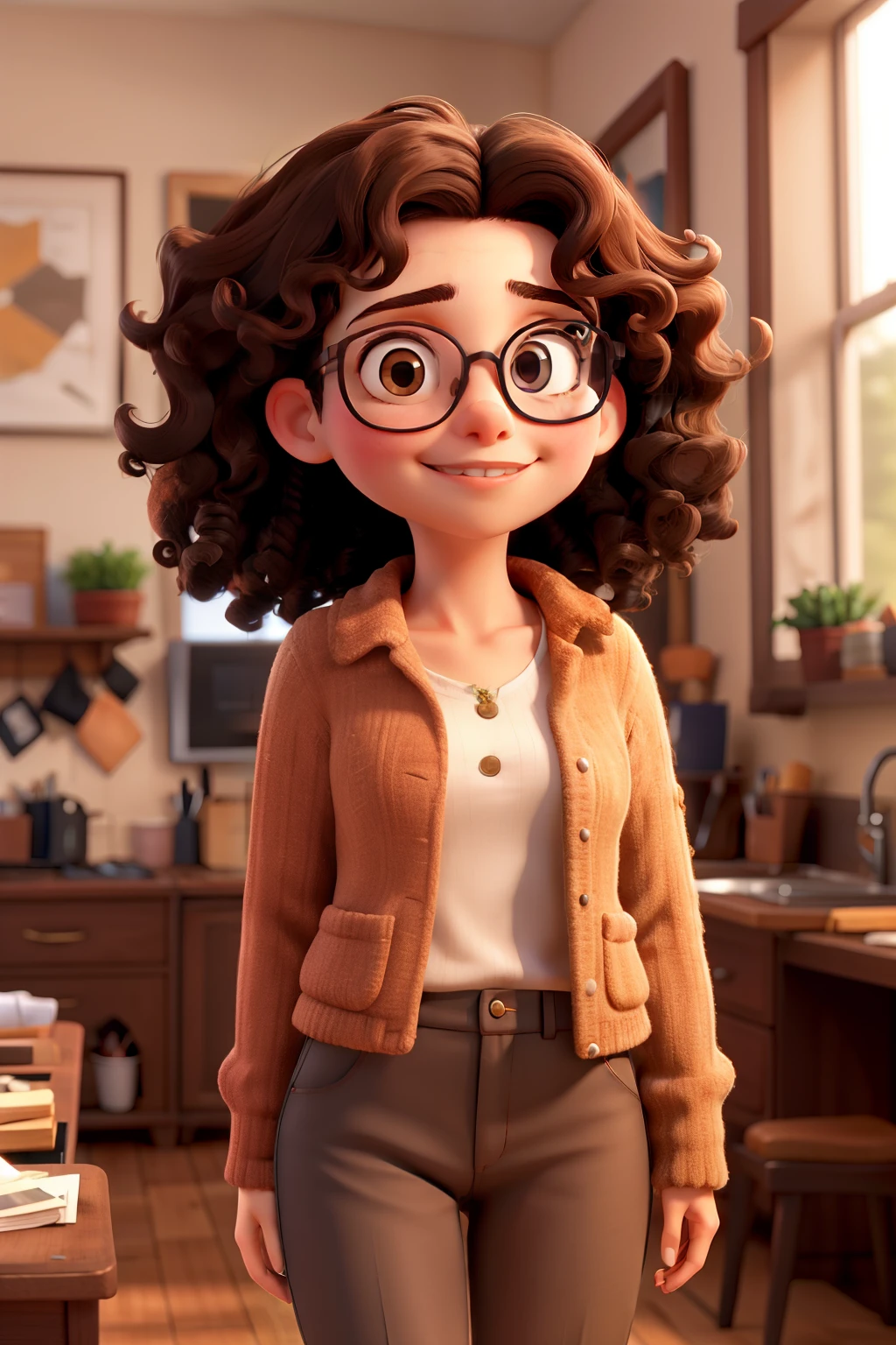 A brunette girl with curly hair who wears glasses that are a little low