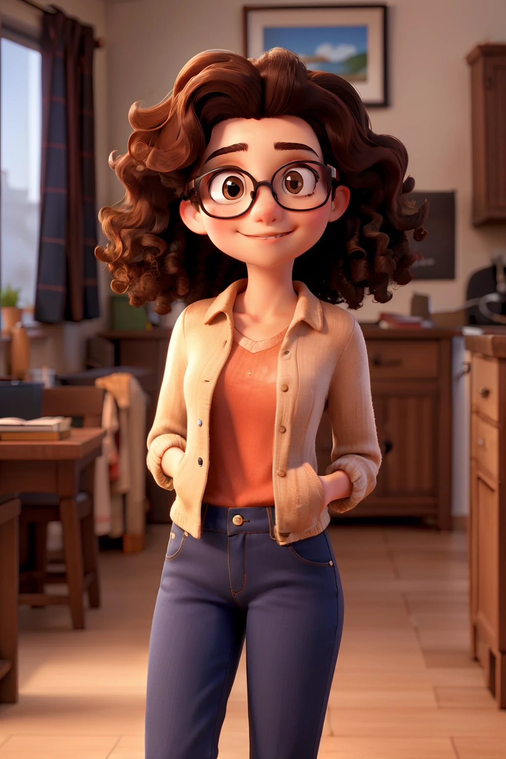 A brunette girl with curly hair who wears glasses that are a little low
