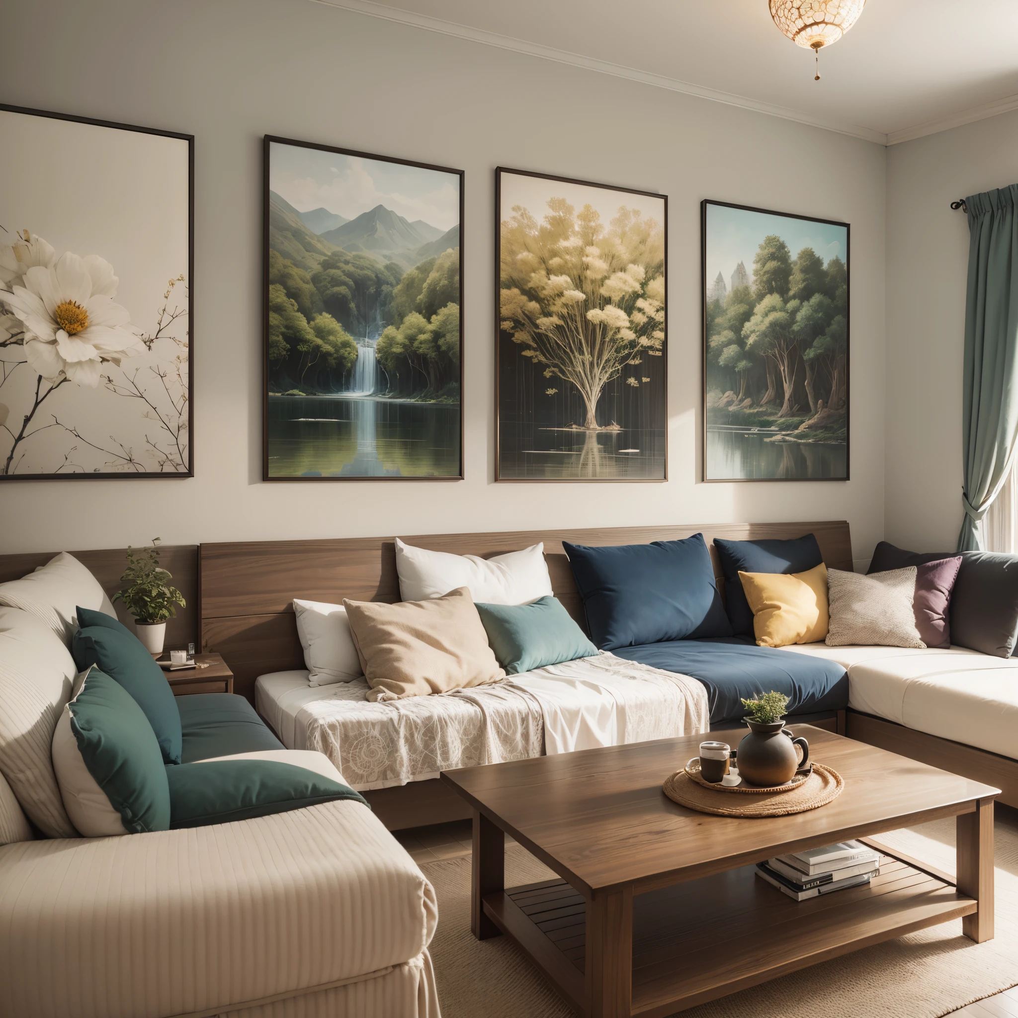 A newly renovated room with first-person views, panoramic views, a row of sofas, a dining room next to it, beautifully decorated paintings on the walls, framed, clear and clean, bright colors, and then next to the bedroom, clean and tidy bed, bed wall hanging fine decorative painting, there are borders, the picture is clear, clean, bright colors, Light-colored soft furnishings department, add a little bright, so that the overall feel to avoid rigid,Element is simple,high-definition photos --auto --s2