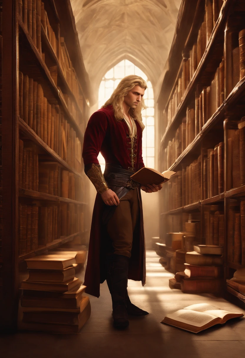 Aemond is seen studying fiercely in the university library, surrounded by shelves of ancient texts and historical scrolls.,original,He is tall and fit. He has muscles but is thin. He is in his late twenties. He has long blonde hair and a violet eye. His other eye is prosthetic. He often wears black casual clothes. He is a man.