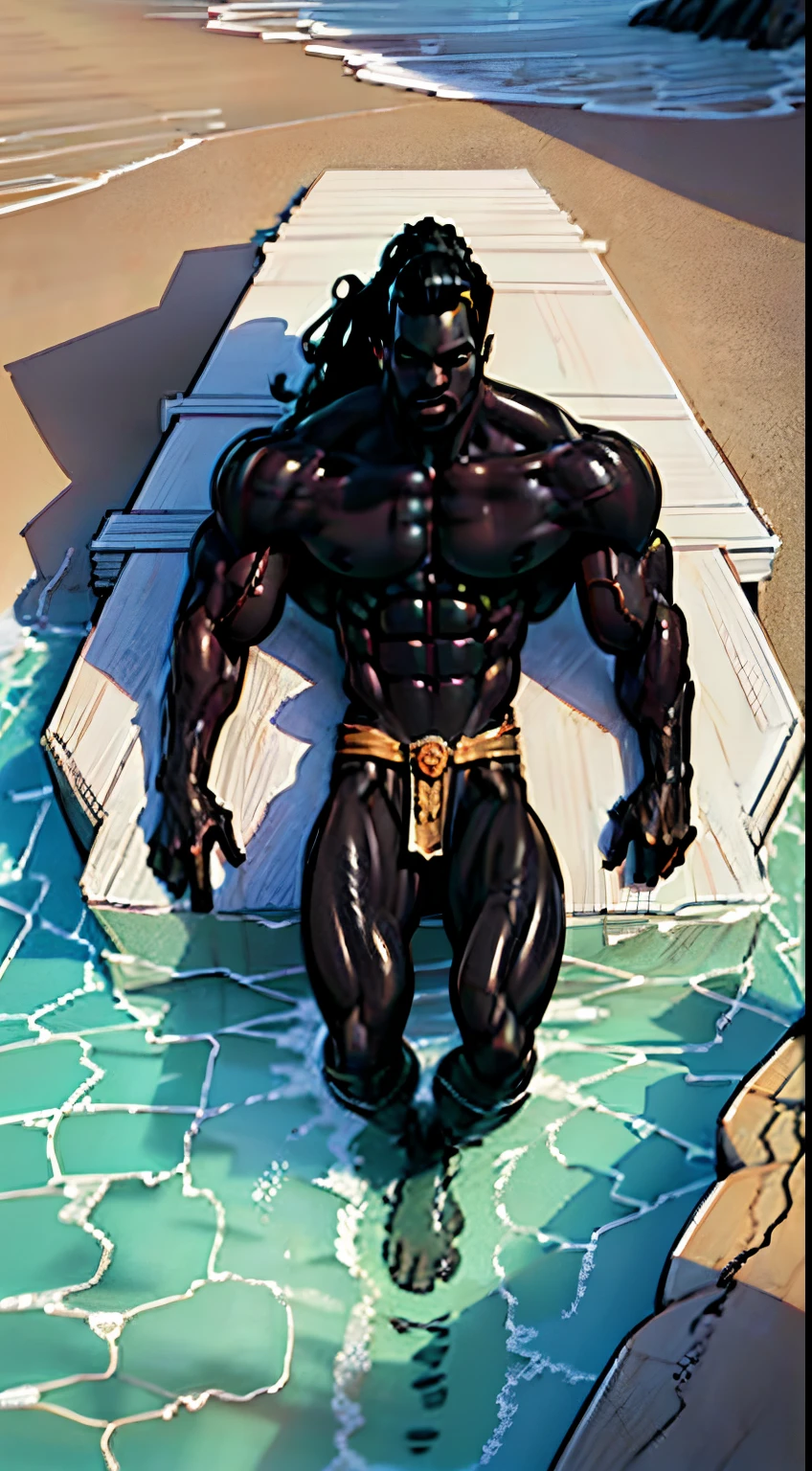 (View from above:1.4), a painting of a muscular man with a spear and a large body of water, colored skin, (black skin:1.2), black colored skin, The God Poseidon, ((laying on back)), legs open, The God of the Sea, The God Hades, Poseidon, Charon, The Boatman of Hades, God of the Ocean, God of the Underworld, Hades, black loincloth, God Shiva the Destroyer, Furious God Zeus, Like an Atlantean, veiny biceps, chiseled abs, muscular legs, rugged face, long hair in ponytail, masterpiece, 8k