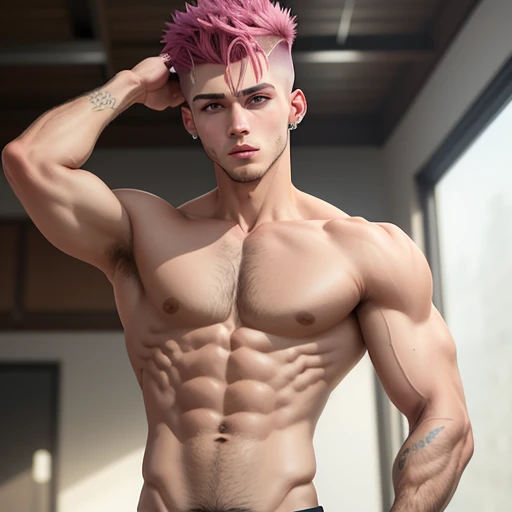 obra maestra, mejor calidad, ultra detallado, realista, SFW, 1boy, an attractive 18 year old caucasian boy standing, haciendo poses de culturista, ((sudor)), sin camisa, usando jockstrap ajustado, gran bulto, vpl, conceited, foto de cuerpo completo, tipo de cuerpo skinny, ectomorfo, delgado, definido, short hair with shaved sides with a line drawing on the side, cuerpo moreno, sin vello, sin barba