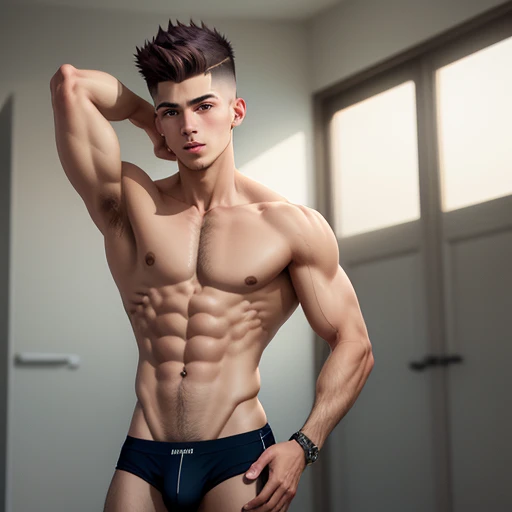 obra maestra, mejor calidad, ultra detallado, realista, SFW, 1boy, an attractive 18 year old caucasian boy standing, haciendo poses de culturista, ((sudor)), sin camisa, usando jockstrap ajustado, gran bulto, vpl, conceited, foto de cuerpo completo, tipo de cuerpo skinny, ectomorfo, delgado, definido, short hair with shaved sides with a line drawing on the side, cuerpo moreno, sin vello, sin barba