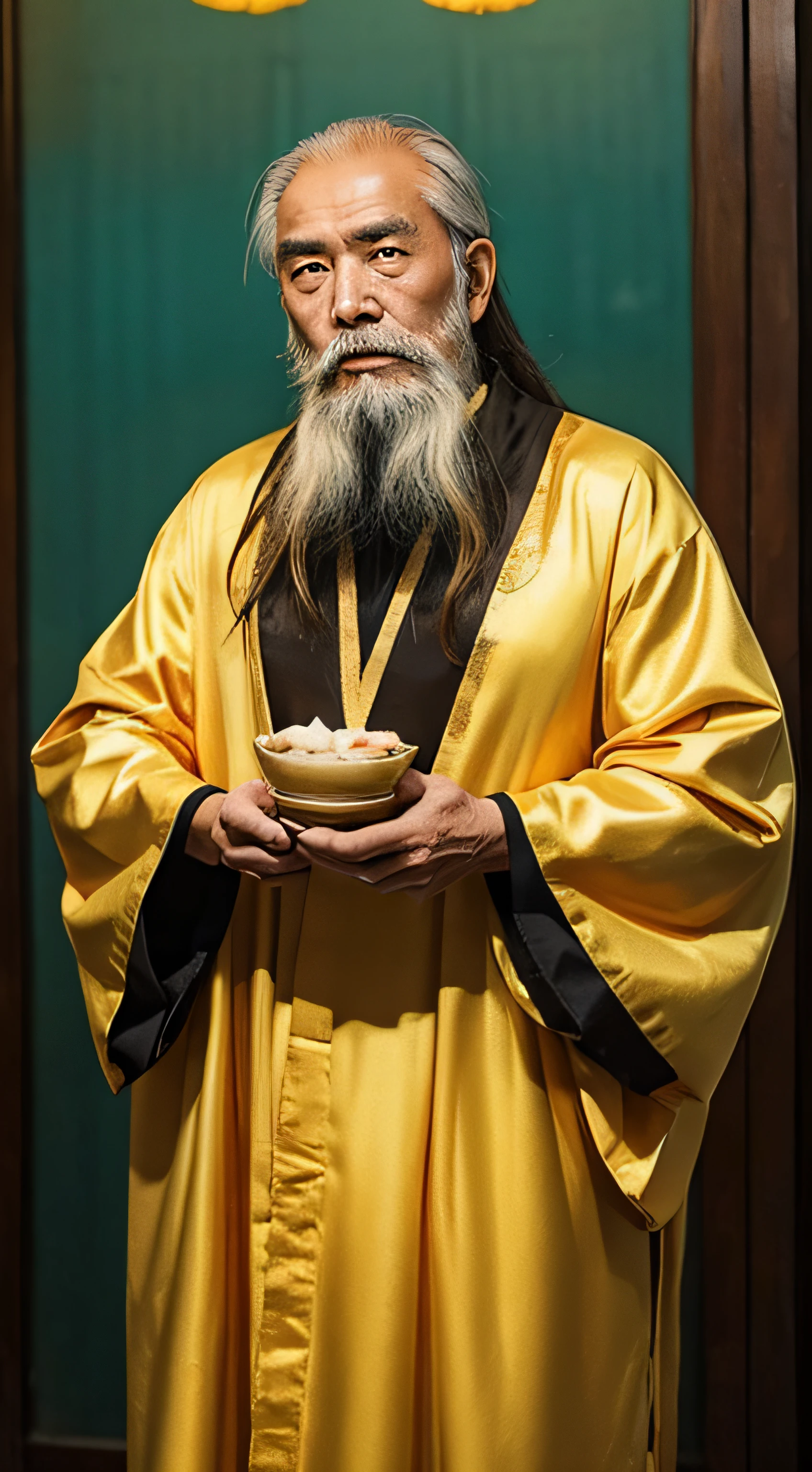 Chinese old man with long beard, wearing a golden robe