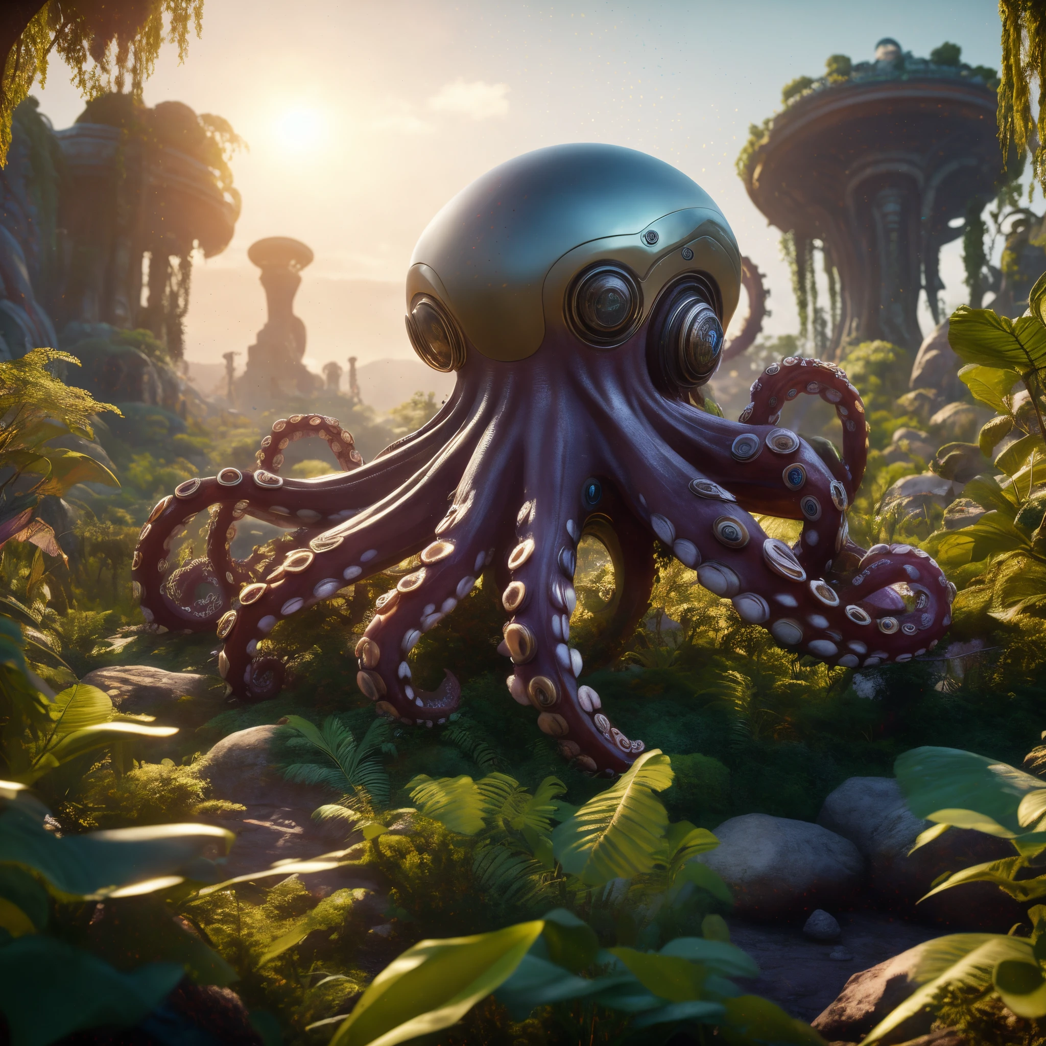 a giant octopus stands in the grass, rolands zilvinskis 3d render art, 3 d render stylized, fantasy style 8 k octane render, stylized 3d render, 3 d render beeple, realistic fantasy render, (Octane Render) fantasy style, Кинематографический 3D-рендеринг, unreal engine fantasy art, highly detailed 4k digital art