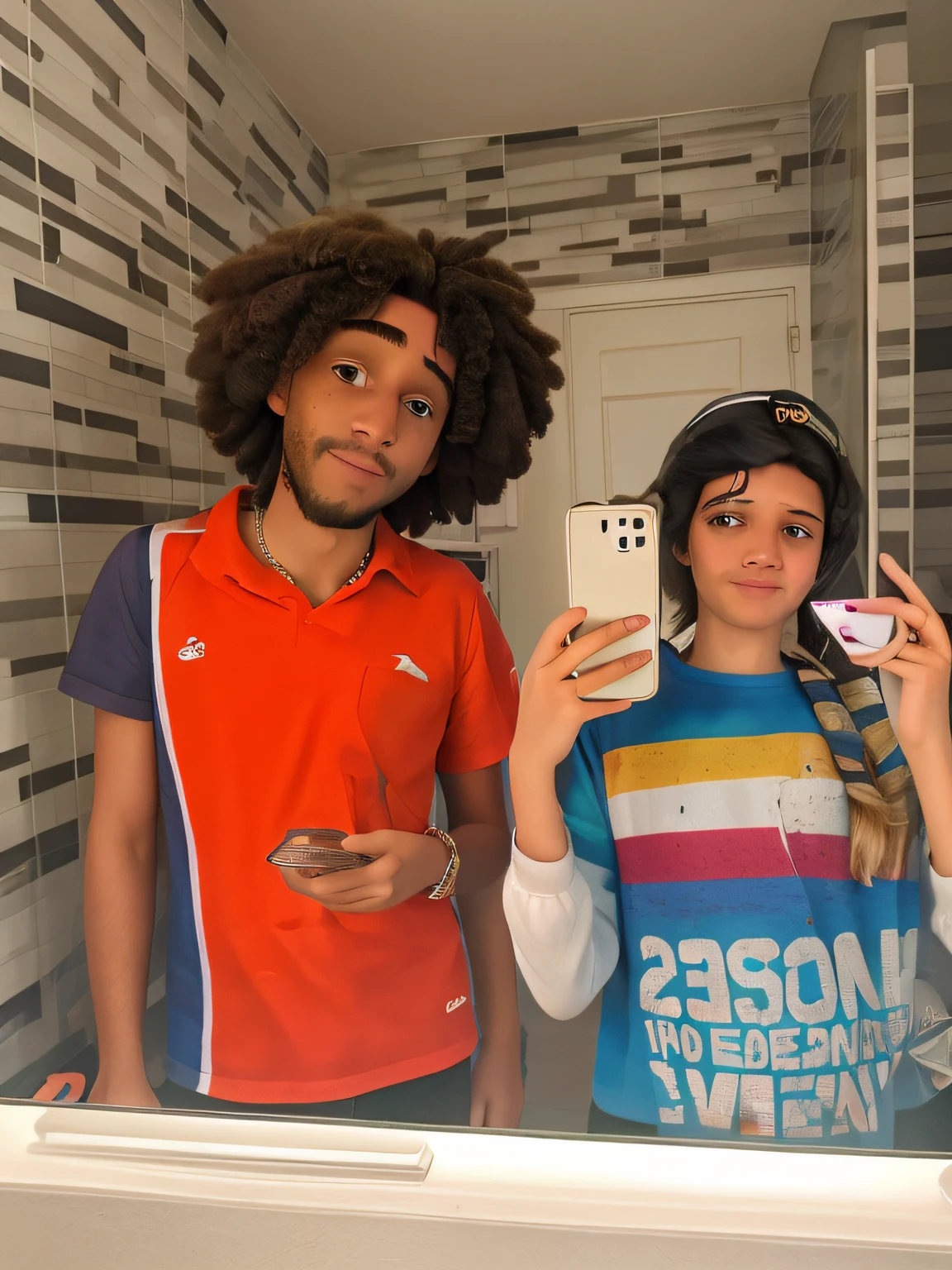 il y a deux personnes qui prennent un selfie dans le miroir, avec afro, Prise sur iPhone 1 3 Pro, Prise de vue sur iPhone 1 3 Pro Max, Photo de vacances, Tourné sur iPhone 1 3 Pro, prise au début des années 2020, Photo de profil, Prise sur iPhone 14 Pro, Photo de profil, 😭🤮 💔, Photo de profil 1024px