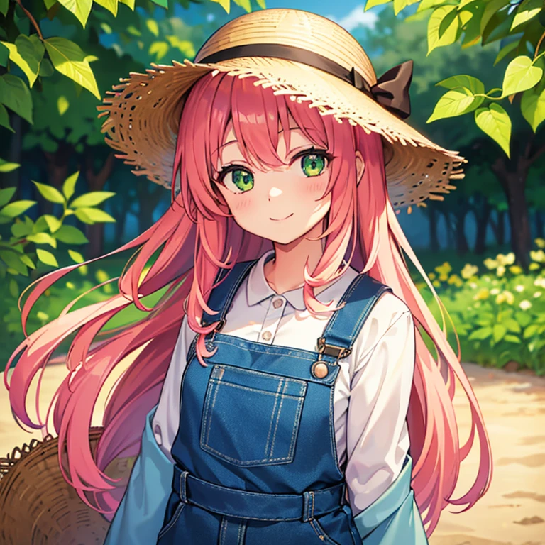1girl, looking at viewer, isolated on white background, gentle smile, green eyes, pink curly hair, farmer outfit, straw hat, blue overall, ultra HD, sharp, 8k