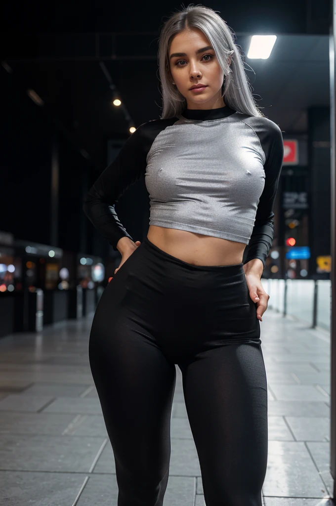 Shopping Mall at London, Pretty Woman, Sexy face, perfect eyes, Silver hair, Slim body, thick round butt, perfect arse, Sexy Pose, tight fitting tights, High quality, Realistic, Beautiful light, full detail, Black background, small shirt, loose fitting T-shirt,Mrs. Devi, photography by Holly Randell