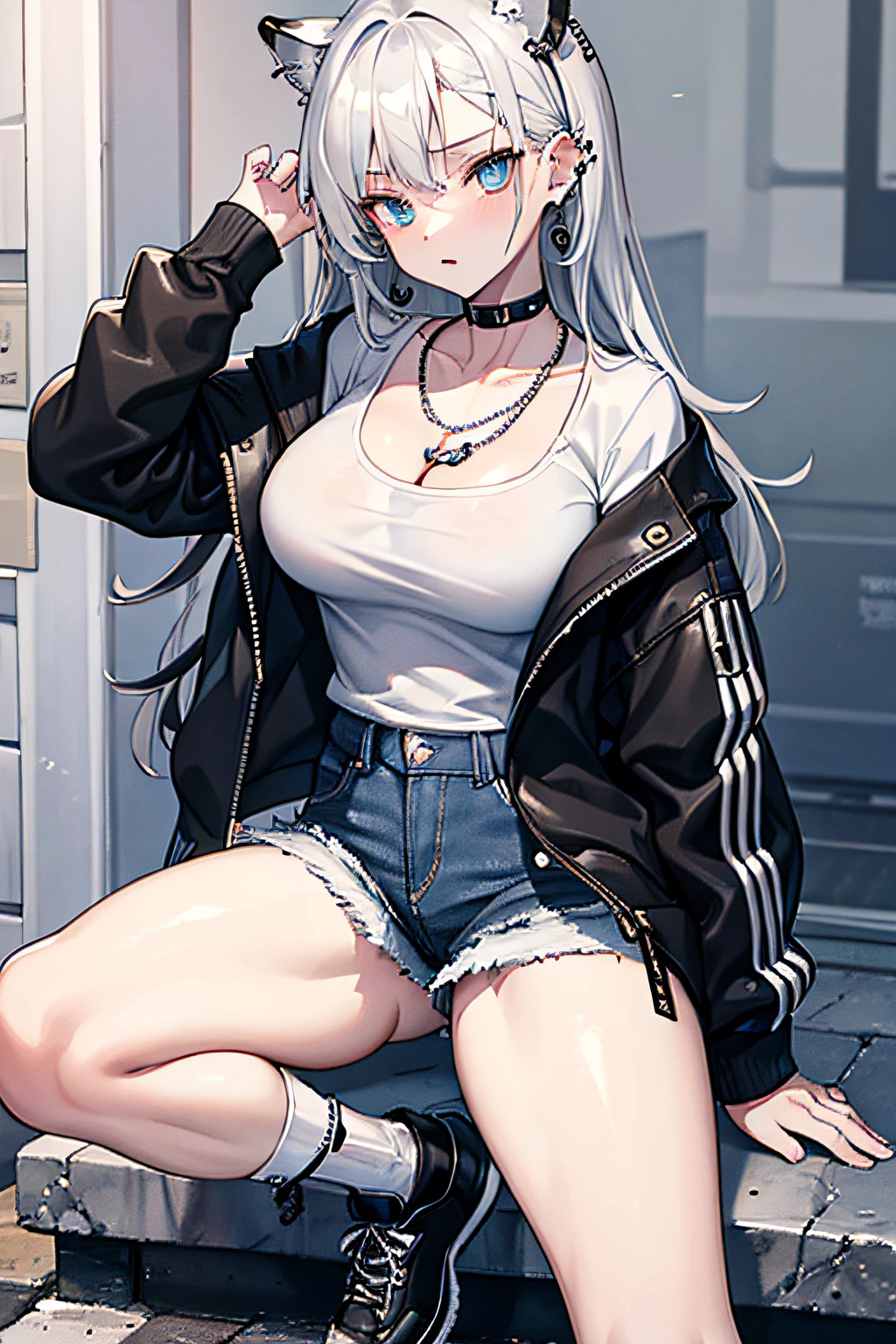 masterpiece,best quality,1girl,Street Wear, Casual, Big Breasts, Black Denim Jacket with a White Tiger face on, silver chain necklace , ear piercings, plain white t-shirt, mature, adult, tall, thighs, black socks, white tiger