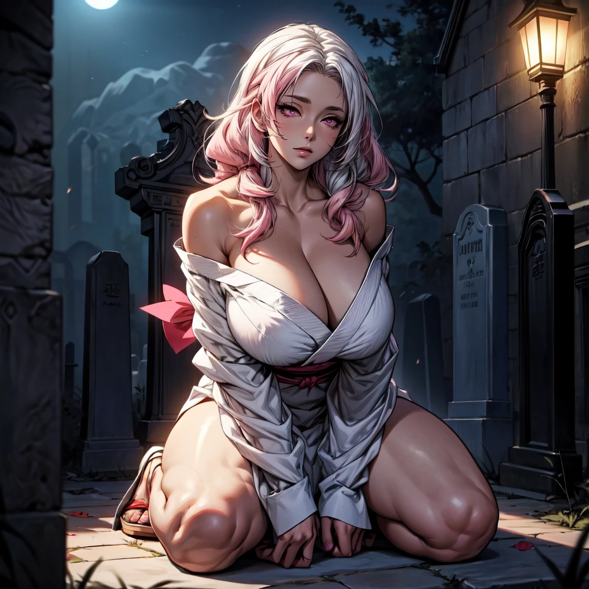 Masterpiece, 1girl,solo,huge breasts, ghost costume , (hitodama) ,night, tombstone, graveyard, long sleeves, very long sleeves, , ghost, pale skin,, off shoulder, cleavage, no bra, (((extremely long white hair))), kneeling by tombstone, bare legs, shredded tattered clothes, curvy wide hips, massive breasts, chubby thighs, (((beautiful bright pink anime eyes))), japanese graveyard, full lips, beautiful mature face, MILF dark lighting