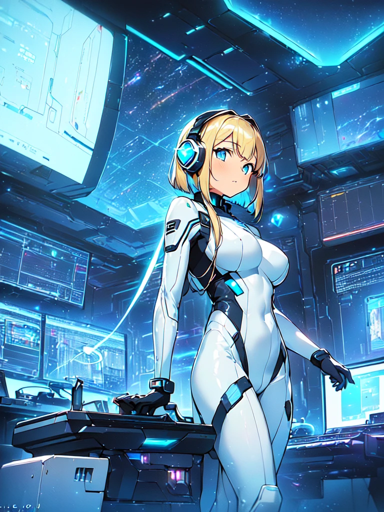 masterpiece:1.4, 1girl in ((20yr old, Wearing a futuristic white and silver costume, Tight Fit Bodysuit, long boots, Very gigantic-breasts, Multicolored blonde hair, a short bob, Perfect model body, Blue eyes:1.4, Wearing headphones, Flirting, Looking out the window of the futuristic sci-fi space station、While admiring the beautiful galaxy:1.2, SFSF control room on night background:1.1, Neon and energetic atmosphere:1.2)) ((Galaxy)) ((Solo:1.6))