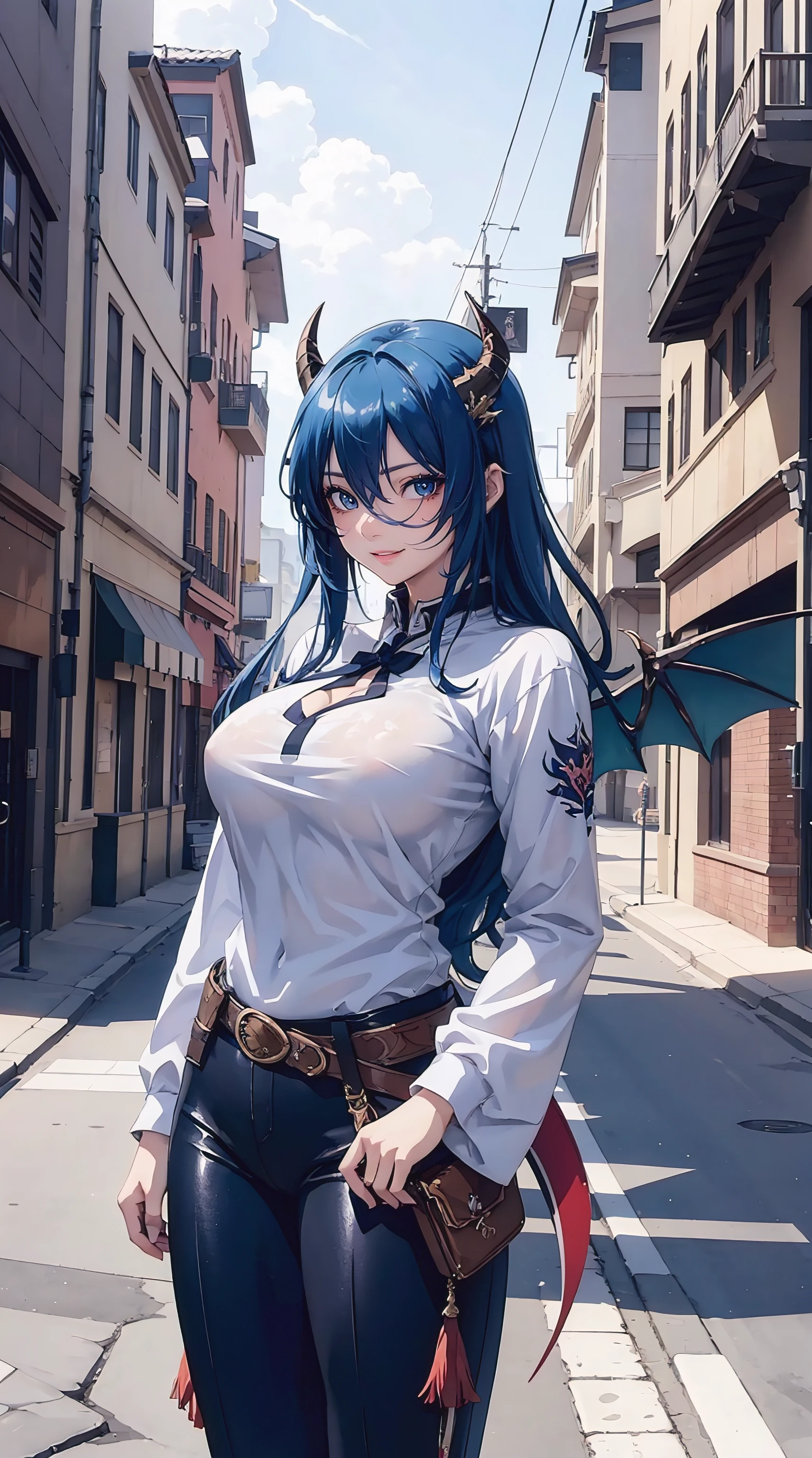 (masterpiece, best quality, ultra-detailed, 8k wallpaper), 1 girl, curvaceous but slender body, big breasts, wavy hair, anime girl with blue hair and horns on a street, 3D realistic anime, 2. 5 d cgi anime fantasy artwork, anime style 3d, anime style. 8k, 4k anime style, 3d style realistic anime, deviantart artstation cgscosiety, digital anime art, guweiz style art art, detailed digital anime art, white shirt, dragon wings