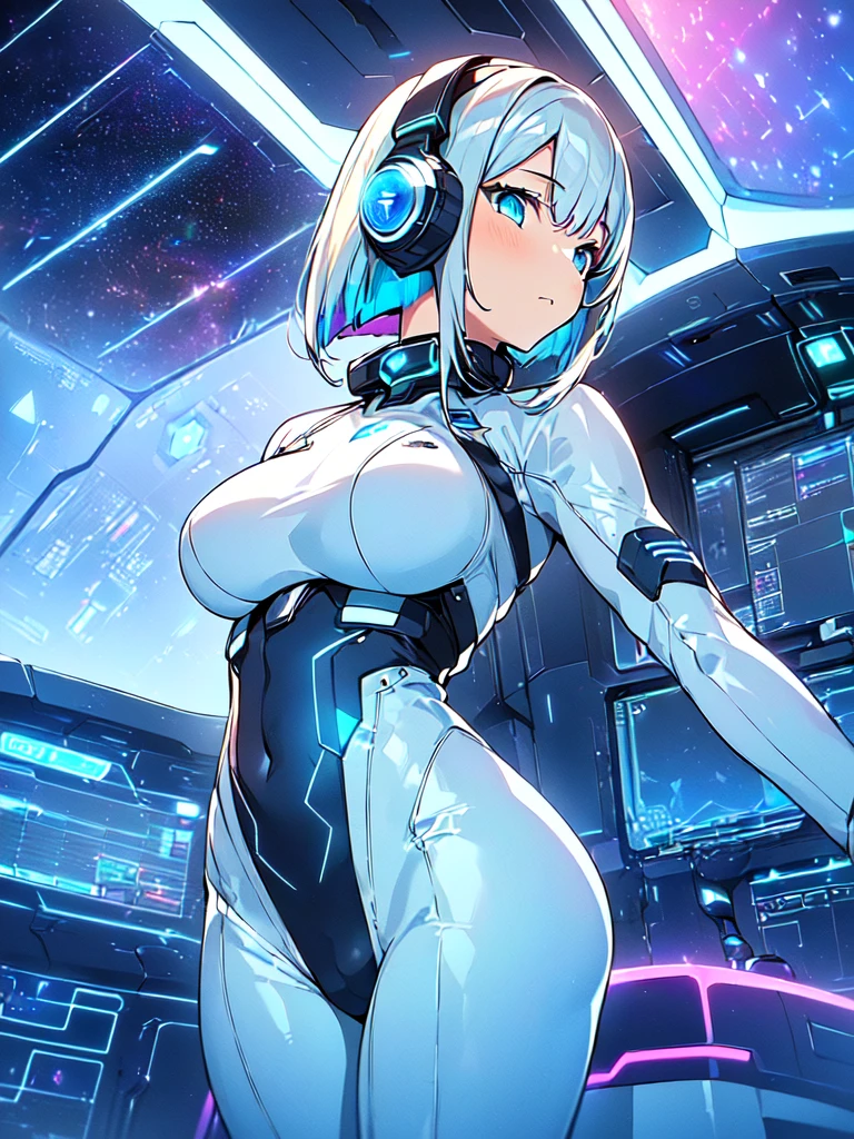 masterpiece:1.4, 1girl in ((20yr old, Wearing a futuristic white and silver costume, Tight Fit Bodysuit, long boots, Very gigantic-breasts, Multicolored blonde hair, a short bob, Perfect model body, Blue eyes:1.4, Wearing headphones, Flirting, Looking out the window of the futuristic sci-fi space station、While admiring the beautiful galaxy:1.2, SFSF control room on night background:1.1, Neon and energetic atmosphere:1.2)) ((Galaxy)) ((Solo:1.6))