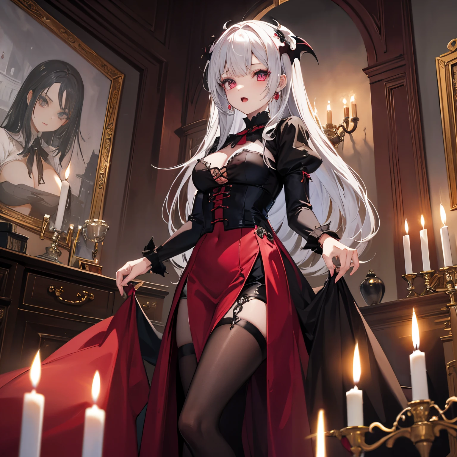 (masterpiece),(best quality),very aesthetic,(ultra-detailed),(illustration),(degenerate),very aesthetic,1girl,16yo,slender,long hair,white hair,straight hair,disheveled hair,(blunt bangs),red alluring eyes,sleepy,half closed eyes,condescending look,open mouth,grin,An elegant and sophisticated outfit perfect for a party, featuring a dark red long dress with lace accents sleeves,ecstasy,happy,inroom,standing,standing on one leg,head tilt,crossed arms,daytime,Lascivious atmosphere,fantastic atmosphere,Sunlight shining through the window,forest landscape,curtains flutter in the wind,Toxic green colored lace thong,Old furnishings,dusty room,cowboy shot,looking at viewer,fangs, vampire, tomato juice glass, dark fantasy, bat,bat's wings,from below