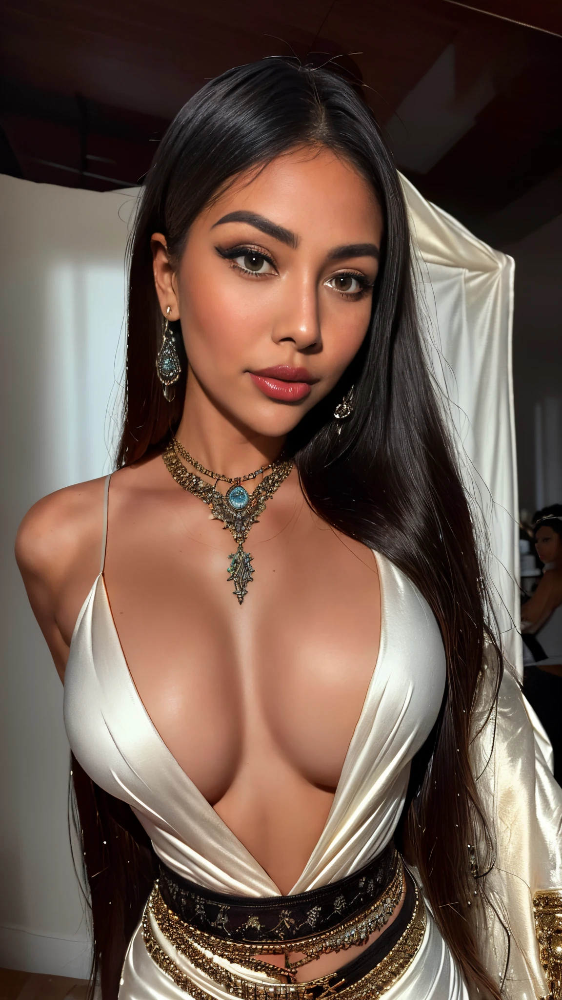 Portrait of a Brown-skinned woman, slender body, big round breasts, dark super long wavy hair,round breasts in a highly detailed white dress with and jewelry, bohemian fashion, bohemian style, lovely bohemian princess, boho - chic, covered in jewels, boho chic, boho style, hippie chic, boho chic | | photograph realistic!!!, gypsy, veils and jewels, bohemian mystics, nights inspired, ornate and intricate jewelry, bohemian, super long black hair, slender body, skinny,boho, boemian style,((( detailed skin texture)),hippie chic,Black long hair, boemian style,dark hair, round breast,highly detailed accessories, highly detailed jewelry and skin texture,highly detailed black hair