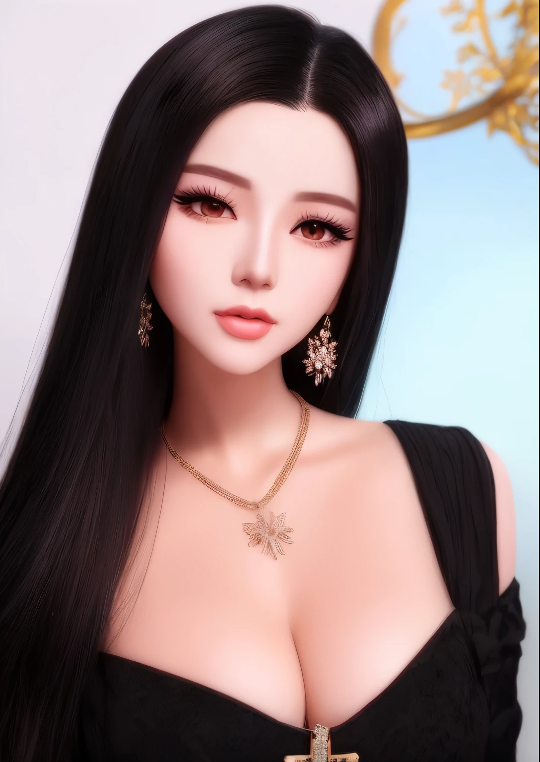 a close up of a woman with a necklace and a pair of scissors, second life avatar, imvu, digital art. @mariomaniacdude, inspired by Dulah Marie Evans, upper body avatar, inspired by Sim Sa-jeong, digital art picture, secondlife, glamor profile pose, realism artstyle, inspired by Lü Ji, sultry expression