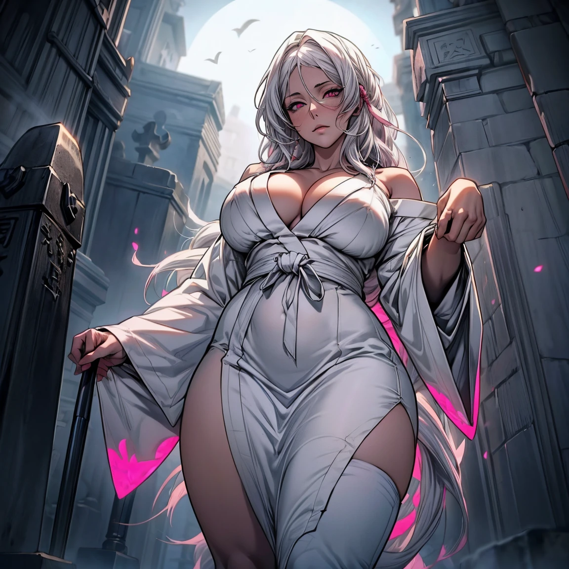 Masterpiece, 1girl,solo,huge breasts, ghost costume , (hitodama) ,night, tombstone, graveyard, long sleeves, very long sleeves, , ghost, pale skin,, off shoulder, cleavage, no bra, (((extremely long white hair))), standing by tombstone, bare legs, shredded tattered clothes, curvy wide hips, massive breasts, chubby thighs, (((beautiful bright pink anime eyes))), japanese graveyard, full lips, beautiful mature face, MILF dark lighting, (((pure white hair))), (((from below)))