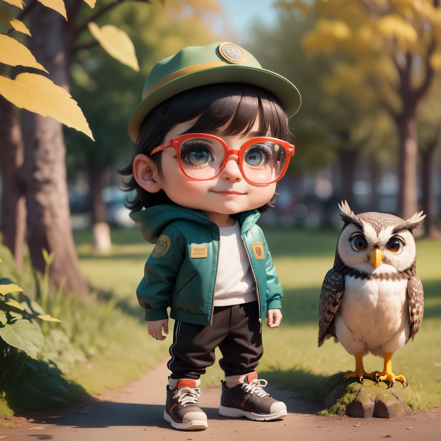 (​masterpiece)、(top-quality)、(ultra-detailliert)、masuter piece、(full body Esbian:1.2)、Chibi Chara、40 year old male photographer、Beautifully colored wide-brimmed hat、Outstanding smile、Looks like Ken Shimura、the morning sun、In the park in the fall、camouflage leather jacket、Sony product camera、A cute owl is nearby、bright colored long pants、Hiking shoes、:3、Blurring、Black-rimmed glasses、dark brown shaved head、Reaping、Glitter effect、(beautifull detailed face)、(beatiful detailed eyes)、MontBell