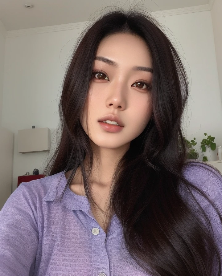 mulher arafed com longos cabelos pretos vestindo uma camisa roxa, 18 anos, Asian girl, 2 7 anos, 2 8 anos, 2 2 anos, an Asian woman, Asian face, Beautiful Asian girl, 21 anos, Asian women, 2 3 anos, a young asian woman, 2 9 anos, asian features