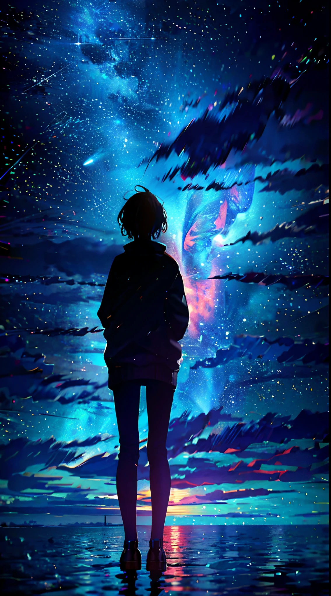 At night, Teenager standing by the sea，Looking up at the starry sky，Full body photo，delicated，nood
