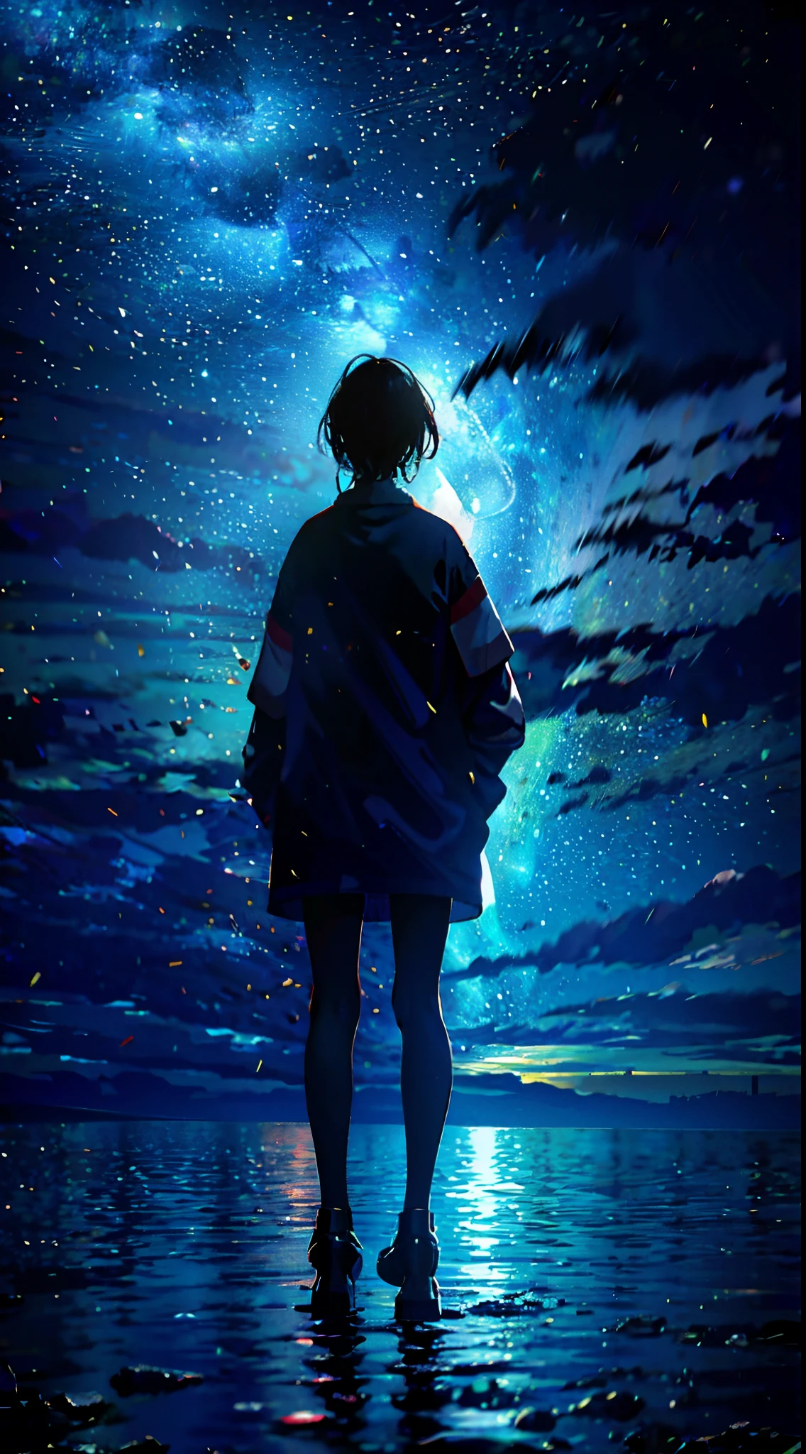At night, Teenager standing by the sea,Looking up at the starry sky,Full body photo,delicated,nood