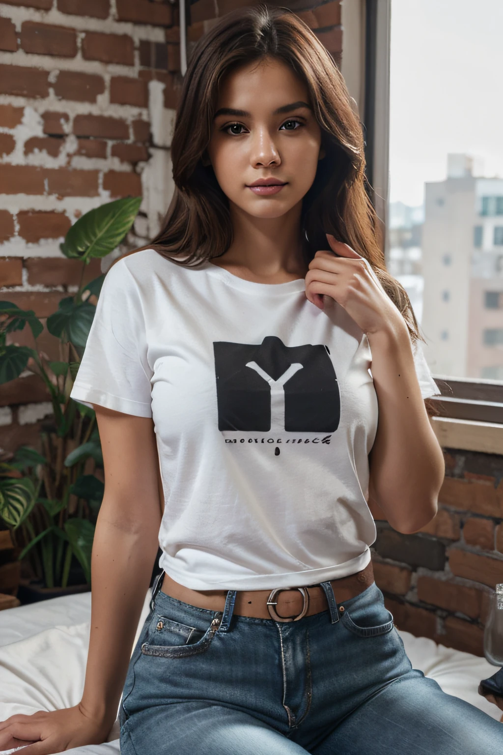 IMAGE_TYPE: Product mockup photography | GENRE: Fashion | EMOTION: Stylish | SCENE: A hanging fashion t-shirt basic positioned for mockup design, showcasing its high resolution and high-quality fabric, with a subtle shadow effect. The t-shirt is displayed against a backdrop of a plant with a red brick wall in the background. | ACTORS: sitting blond woman cheky pose | LOCATION TYPE: Indoor setting | CAMERA MODEL: Canon EOS 5D Mark IV | CAMERA LENS: 50mm f/1.2 | SPECIAL EFFECTS: Soft lighting | TAGS: product mockup photography, fashion, stylish, t-shirt, mockup design, high resolution, high quality, shadow effect, room, white background --ar 9:12 --v 5.2, wearing only t-shirt