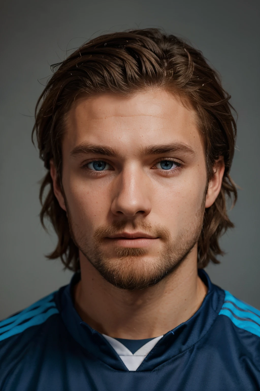 85mm DSLR colour photography of a very detailed headshot fitting all of the head and hair in frame. 23 year old English soccer player, with medium spikey hair and light brown hair and beard with blue eyes on a grey background.
