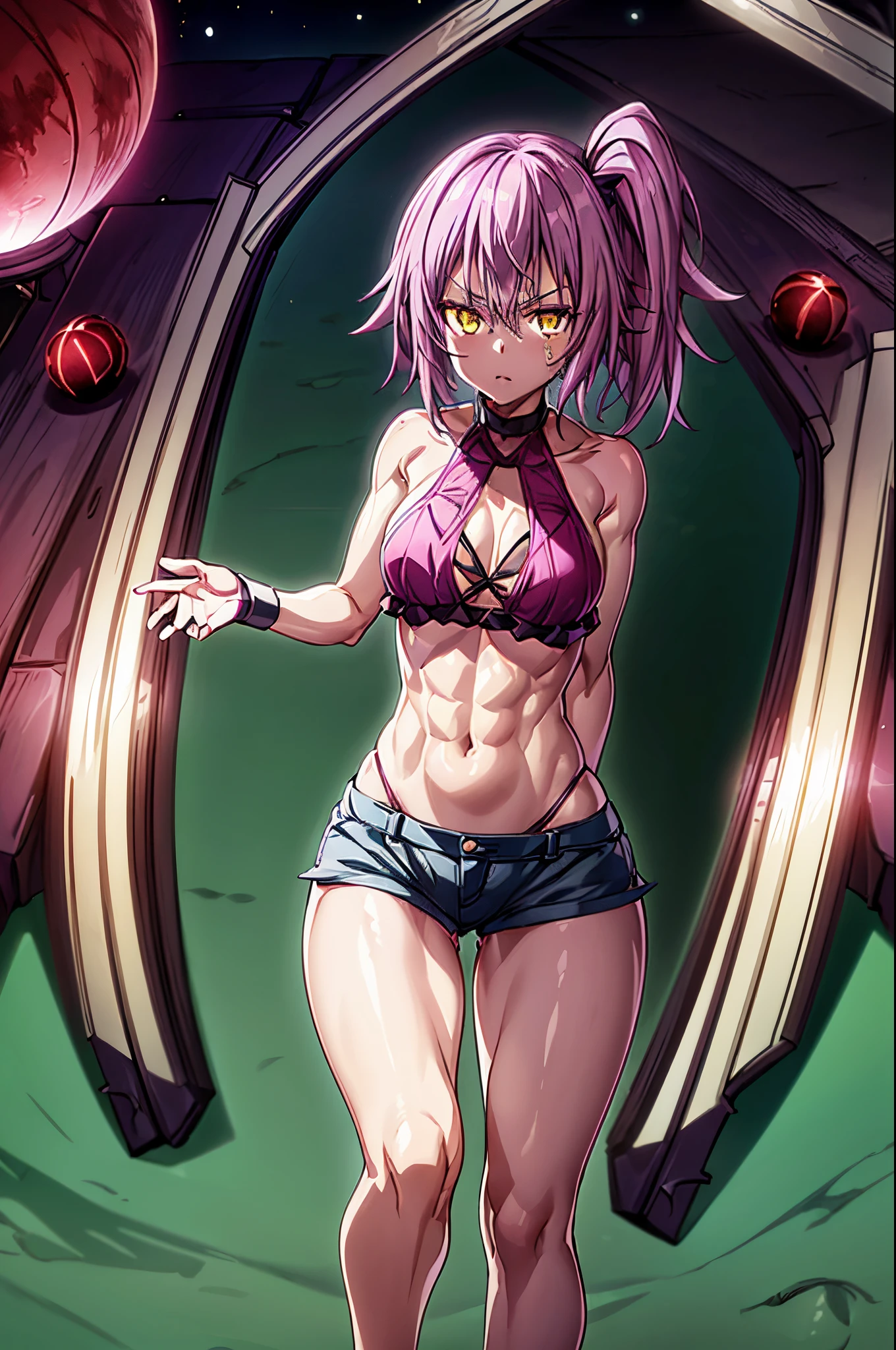 (1 girl from an anime with purple hair), (((on the beach with the starry sky and blood moon in the sky))), 1 girl, alone, yellow eyes, purple hair, looking at me, ((last)) , Wearing bikini shorts, (((side ponytail))), (((toned legs))), thick muscular thighs, slim waist, muscular stomach, hands on hips, bare feet, (standing), breasts midrange, eye reflection, glowing eyes, bad mood, anime, anime style, cinematic lighting, ray tracing, Canon, panorama, 8k, UHD, masterpiece, accurate, anatomically correct, super detail, high quality, high resolution, HD , 16k