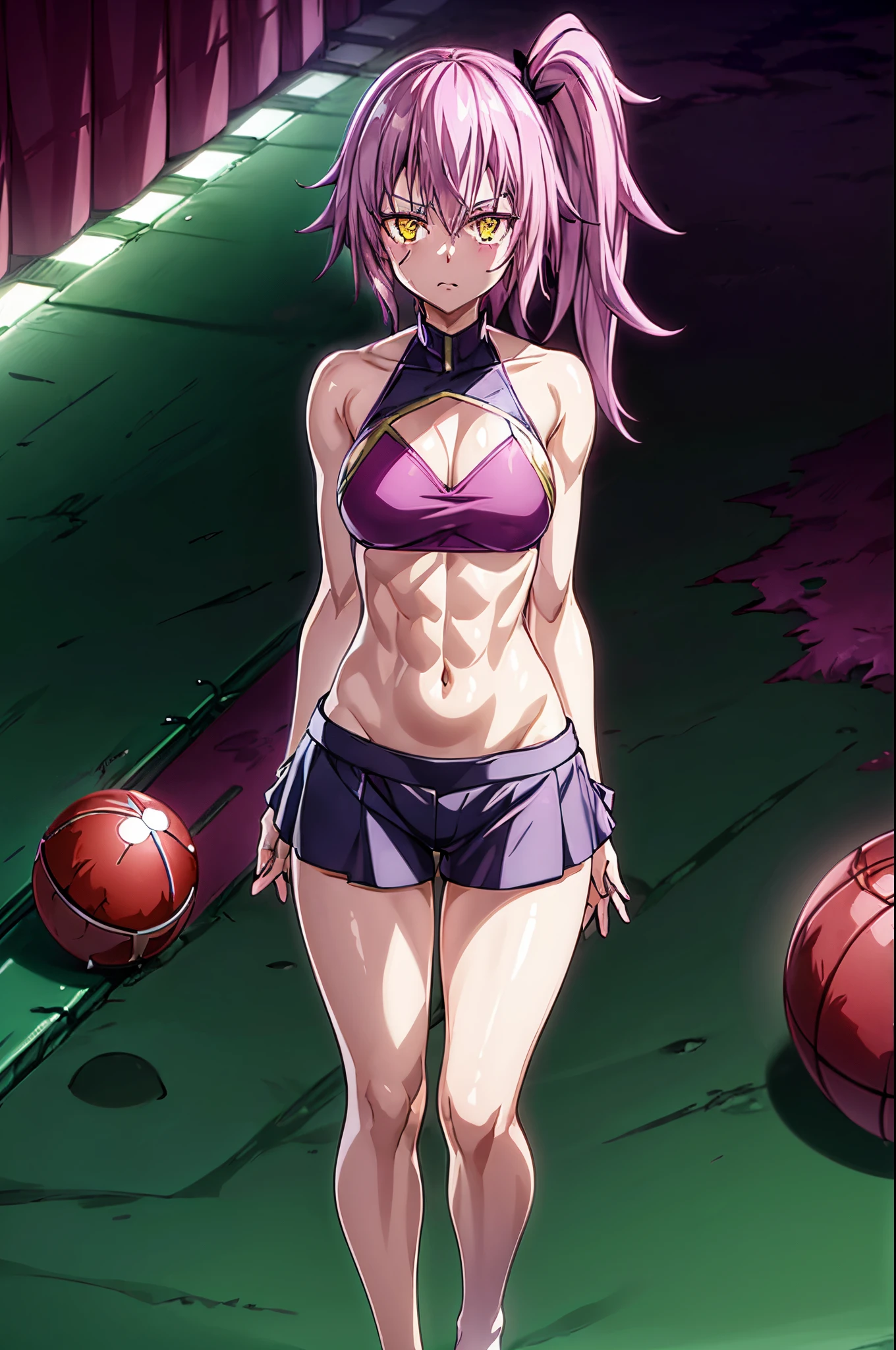 (1 girl from an anime with purple hair), (((on the beach with the starry sky and blood moon in the sky))), 1 girl, alone, yellow eyes, purple hair, looking at me, ((last)) , Wearing bikini shorts, (((side ponytail))), (((toned legs))), thick muscular thighs, slim waist, muscular stomach, hands on hips, bare feet, (standing), breasts midrange, eye reflection, glowing eyes, bad mood, anime, anime style, cinematic lighting, ray tracing, Canon, panorama, 8k, UHD, masterpiece, accurate, anatomically correct, super detail, high quality, high resolution, HD , 16k