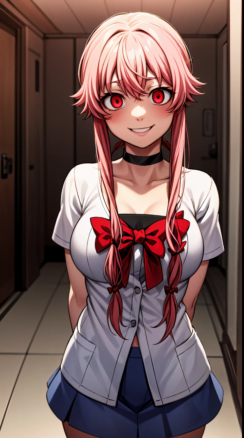 gasai yuno, white cardigan, black shirt, denim skirt, miniskirt, collarbone BREAK red eyes, large breasts, black choker, (head tilt:0.8), smile, arms behind back, in a old room, YAMEROYANDERE CONSTRICTED PUPILS YANDERE EMPTY EYES SHADED FACE CRAZY EYES GLOWING EYES CRAZY SMILE DARK