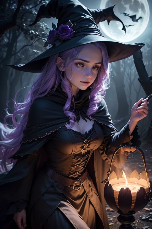 (best quality,4k,highres,masterpiece:1.2),ultra-detailed,(realistic,photorealistic,photo-realistic:1.37),Halloween,witch,full moon,in a spooky forest,Jack-o'-lanterns,haunting atmosphere,ominous shadows,dark and eerie ambiance,creepy trees with twisted branches,foggy and misty surroundings,enchanted glow,witch's broomstick,flying witches silhouettes,witch's cauldron bubbling with magical potions,spellbinding spells in the air,mysterious and mystical vibes,witch's hat and cloak,glowing eyes peering through the darkness,spectral creatures lurking in the shadows,spider webs glistening with dew,distant howling of wolves,haunting music,autumn leaves rustling on the ground,an aura of mystery and enchantment,deep shades of purple and black,pale moonlight casting an ethereal glow,whispers of ancient incantations,dancing flames of torches,moonlit silhouette of a black cat,bats swooping through the air,crackling fire with sparks shooting into the night sky