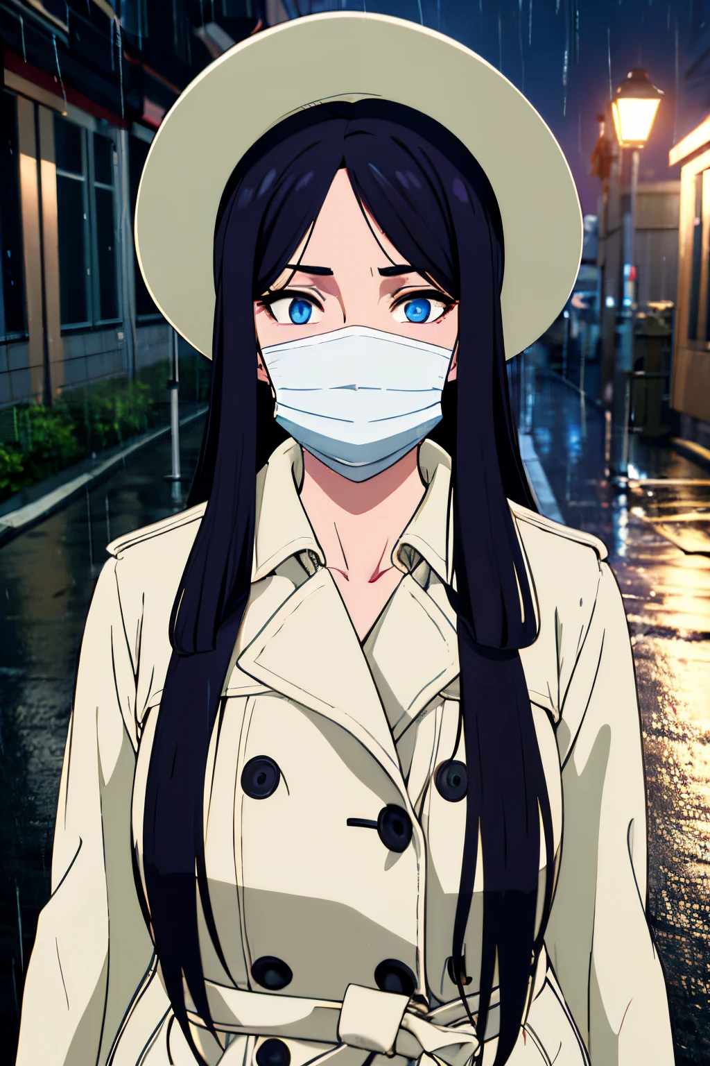 Kuchisake, blue eyes, long black hair, surgical mask, large white hat, white trench coat, night, empty street, outdoors, rain, 1girl, solo, upper body, facing viewer, looking at viewer.