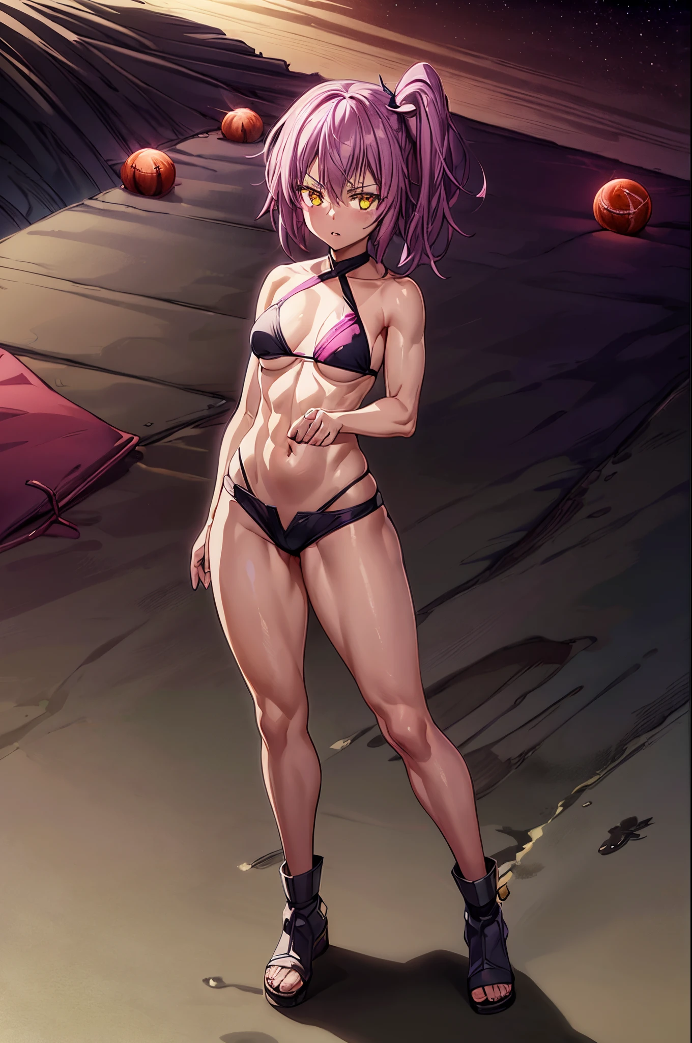 (1 girl from an anime with purple hair), (((on the beach with the starry sky and blood moon in the sky))), 1 girl, alone, yellow eyes, purple hair, looking at me, ((last)) , Wearing bikini shorts, (((side ponytail))), (((toned legs))), thick muscular thighs, slim waist, muscular stomach, bare feet, (standing), medium breasts, reflection in eyes, glowing eyes, bad mood, anime, anime style, cinematic lighting, ray tracing, Canon, panorama, 8k, UHD, masterpiece, accurate, anatomically correct, super detail, high quality, high resolution, HD, 16k