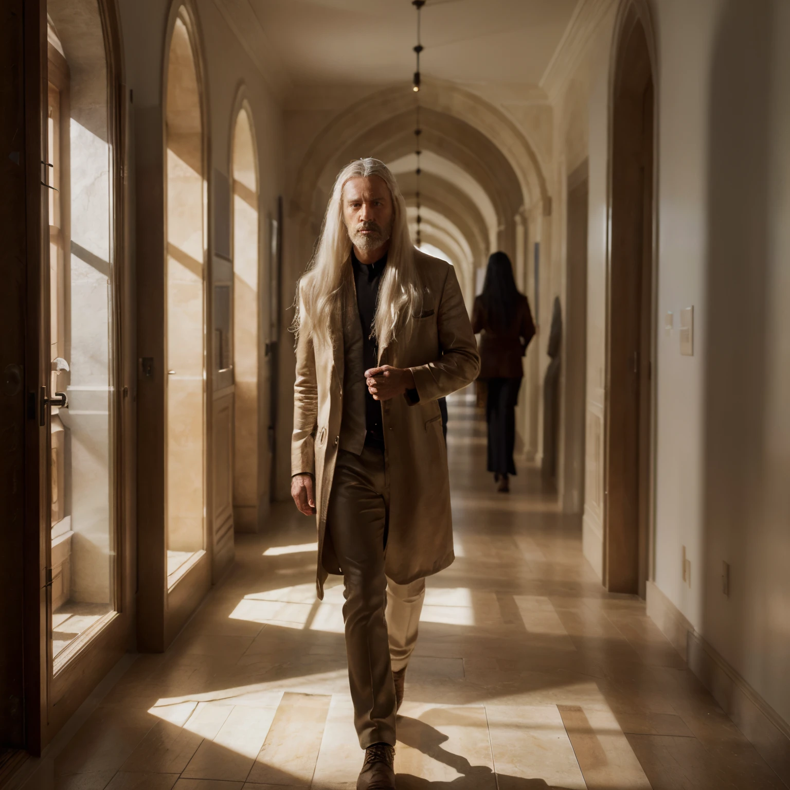 (best quality,4k,8k,highres,masterpiece:1.2),ultra-detailed,realistic, man walking in a corridor with religious sculptures, long white hair, dark fantasy low fantasy style, sculptures, dim lighting, dramatic shadows