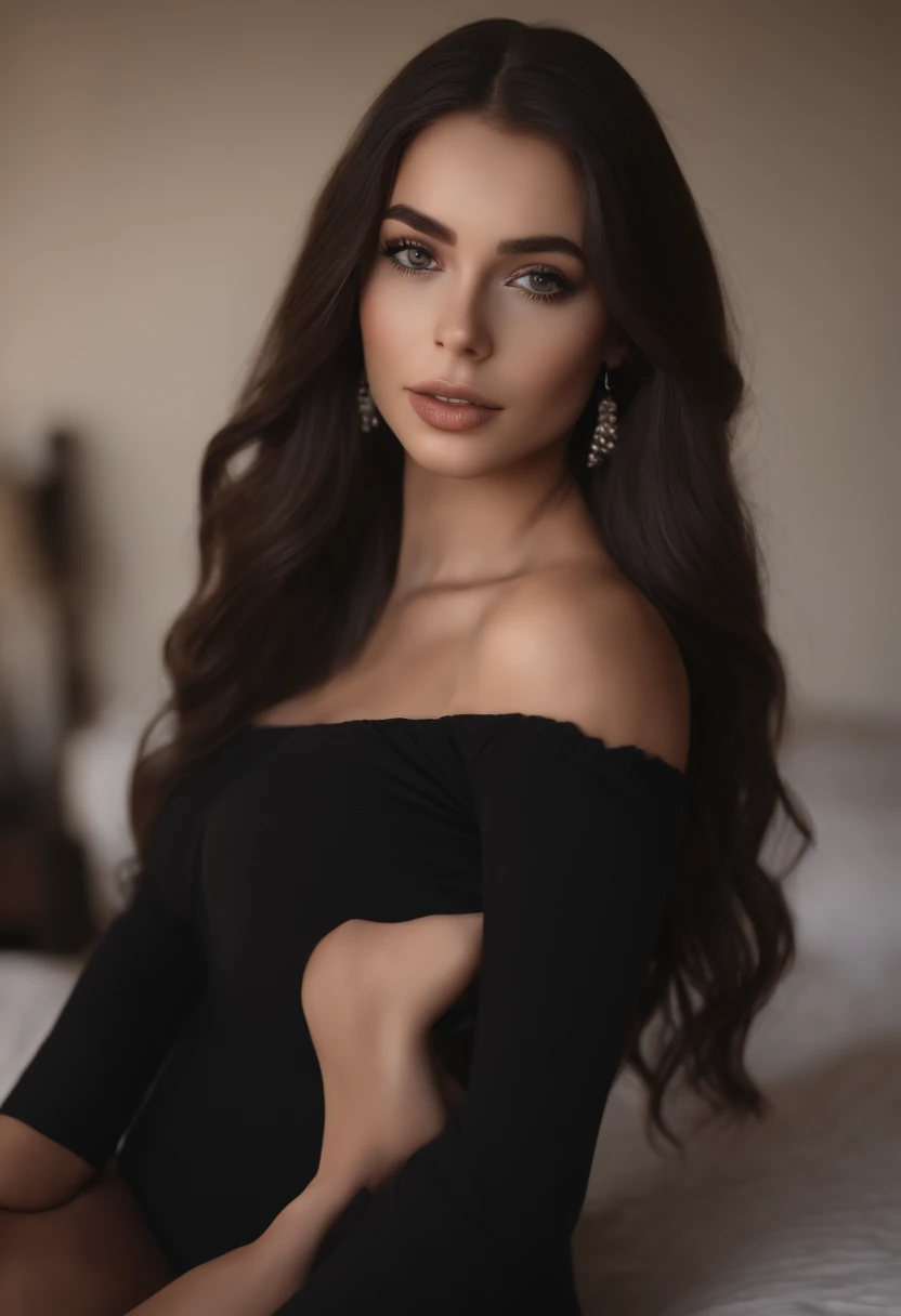arafed woman fully , ultra realistic, sexy girl with brown eyes, ultra realistic, meticulously detailed, portrait sophie mudd, black dark long hair and large eyes, selfie of a young woman, bedroom eyes, violet myers, without makeup, natural makeup, looking directly at the camera, face with artgram, subtle makeup, stunning full body shot kneeling on bed, in bedroom, large size bust