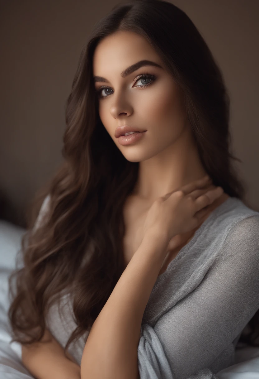 arafed woman fully , ultra realistic, sexy girl with brown eyes, ultra realistic, meticulously detailed, portrait sophie mudd, black dark long hair and large eyes, selfie of a young woman, bedroom eyes, violet myers, without makeup, natural makeup, looking directly at the camera, face with artgram, subtle makeup, stunning full body shot kneeling on bed, in bedroom,  large size bust