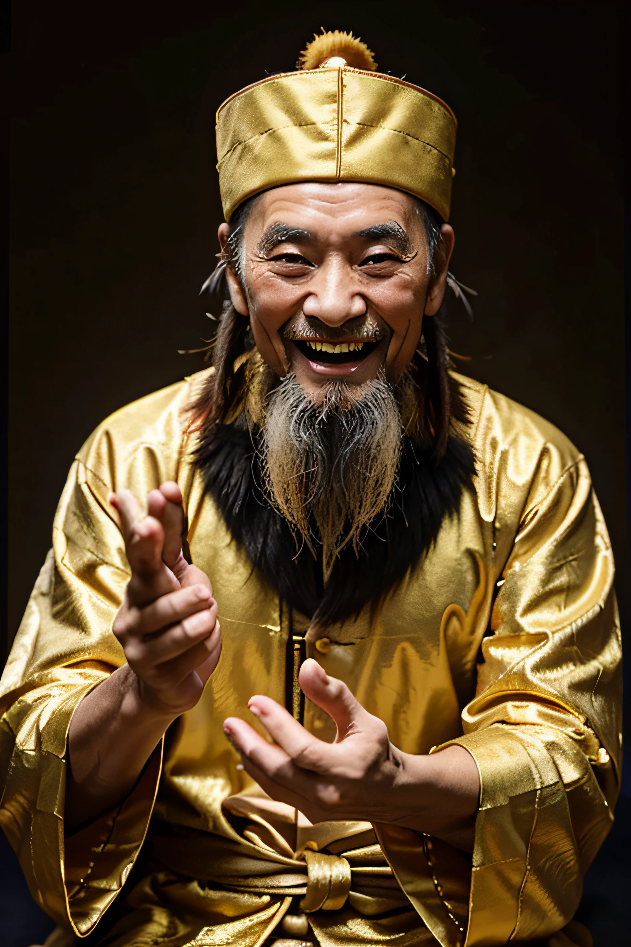 Very old Chinese man with long and thin beard is laughing, dressed in a gold robe, wearing a black Chinese hat, with some Chinese medicine needles in his right hand