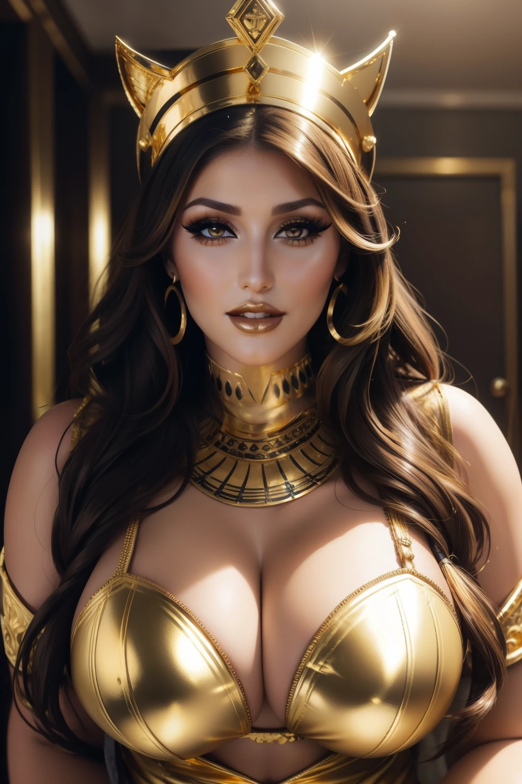 lucy pinder, smiling, ((very intense makeup)), ((gold lipstick)), voluptuous woman, Pharaoh