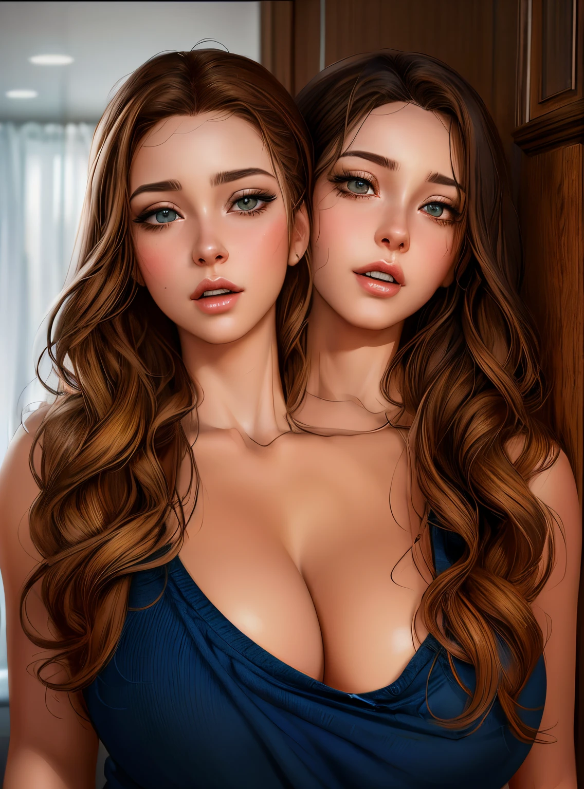 two women with big breasts posing for a picture in a room, realistic artstyle, realistic digital art 4 k, realistic digital art 4k, beautiful gemini twins portrait, 8k high quality detailed art, realistic digital painting, smooth anime cg art, realism artstyle, realistic art style, realistic anime artstyle, deviantart artstation cgscosiety, photorealistic artstyle